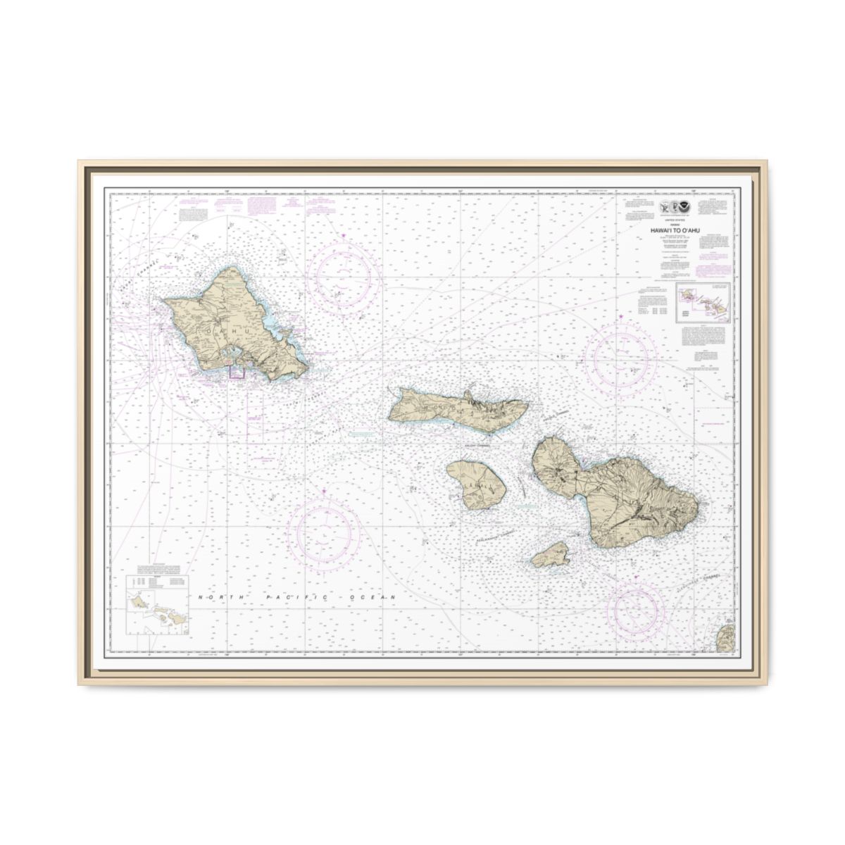 Chart 19340 Hawaii to Oahu - NOAA Nautical Chart Floating Frame Canvas | 32" x 24" | 40" x 30" - Natural front