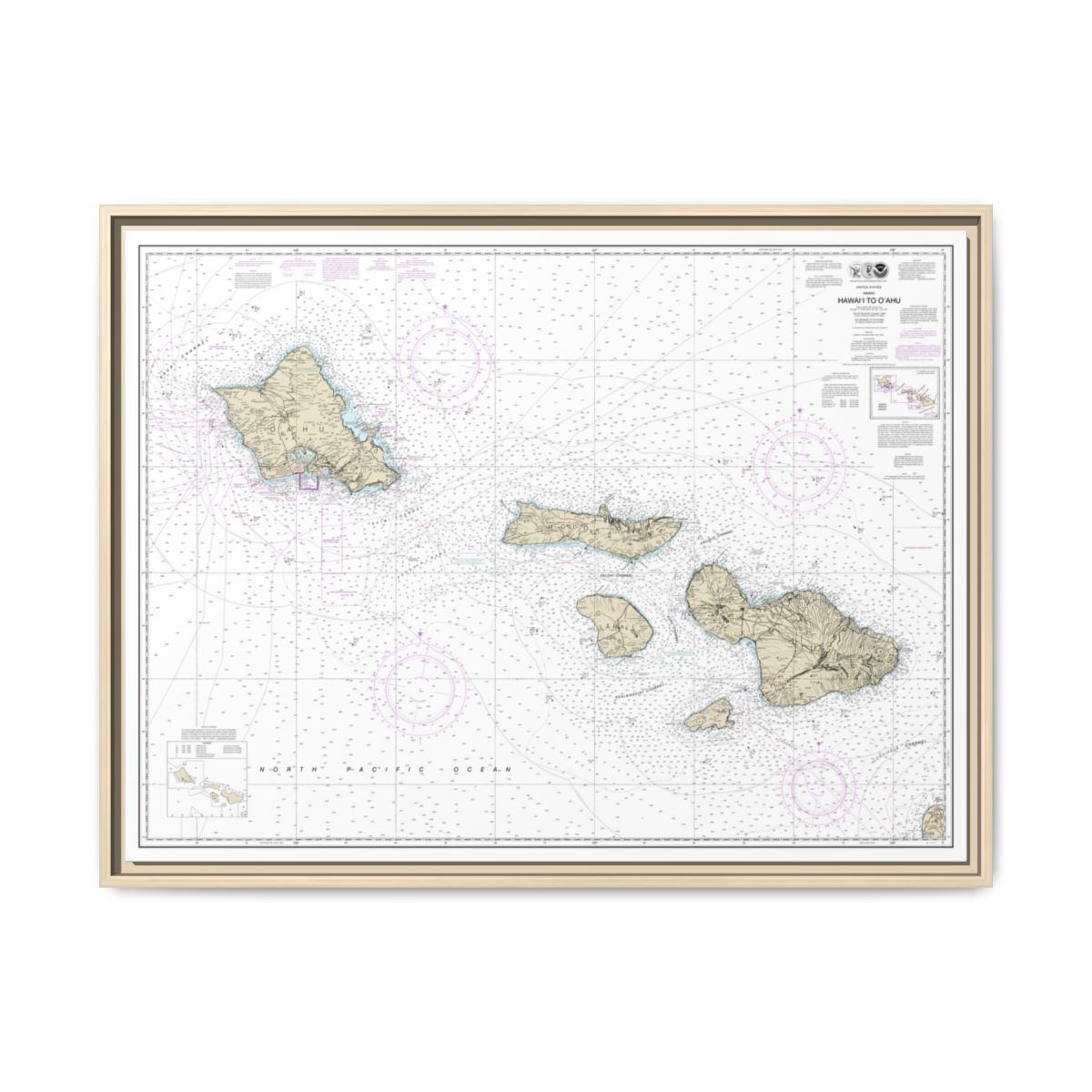 Chart 19340 Hawaii to Oahu - NOAA Nautical Chart Floating Frame Canvas | 32" x 24" | 40" x 30" - Natural front