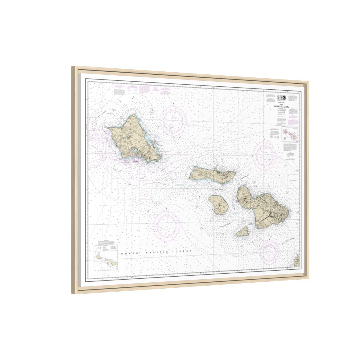 Chart 19340 Hawaii to Oahu - NOAA Nautical Chart Floating Frame Canvas | 32" x 24" | 40" x 30" - Natural side