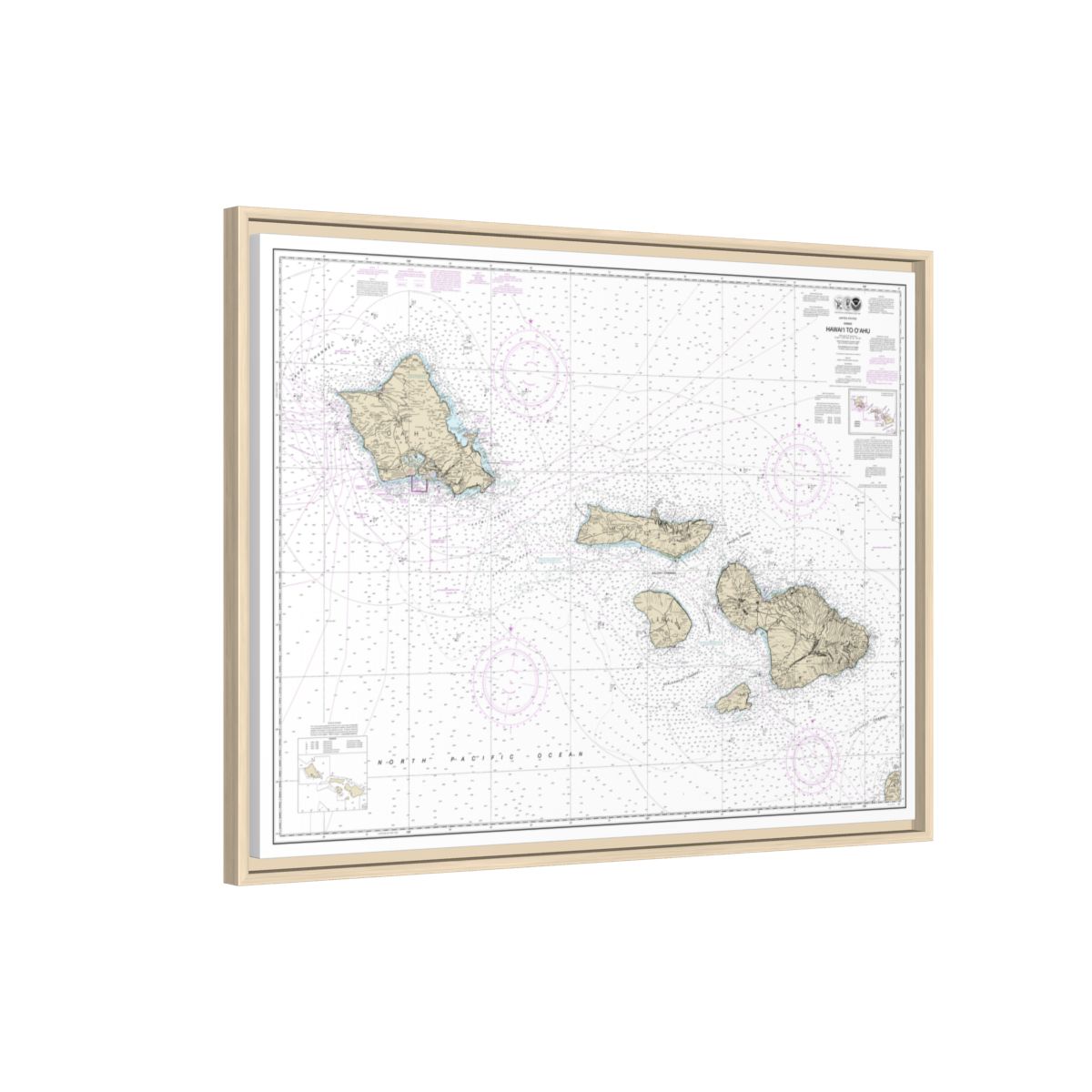 Chart 19340 Hawaii to Oahu - NOAA Nautical Chart Floating Frame Canvas | 32" x 24" | 40" x 30" - Natural side
