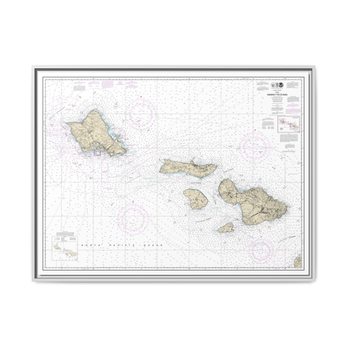 Chart 19340 Hawaii to Oahu - NOAA Nautical Chart Floating Frame Canvas | 32" x 24" | 40" x 30" - White front