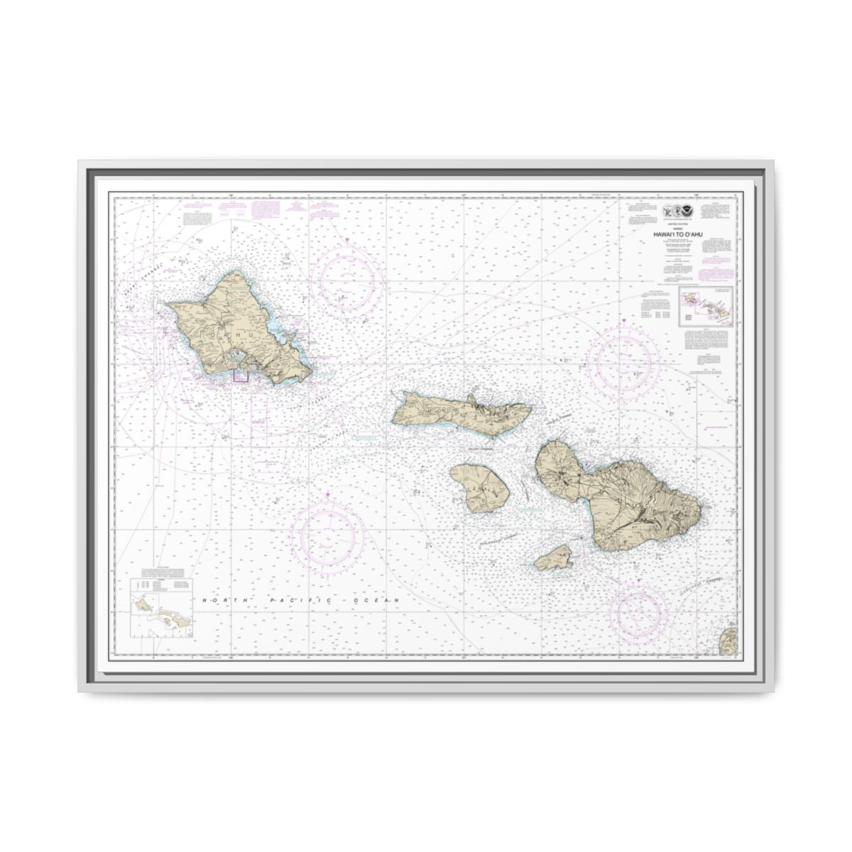 Chart 19340 Hawaii to Oahu - NOAA Nautical Chart Floating Frame Canvas | 32" x 24" | 40" x 30" - White front