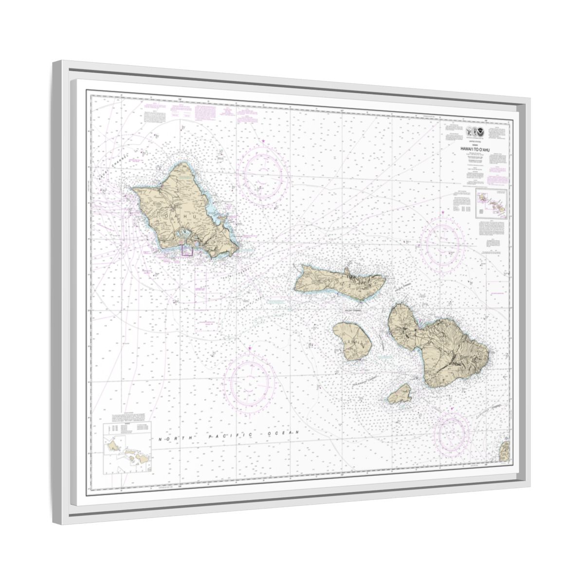 Chart 19340 Hawaii to Oahu - NOAA Nautical Chart Floating Frame Canvas | 32" x 24" | 40" x 30" - White side