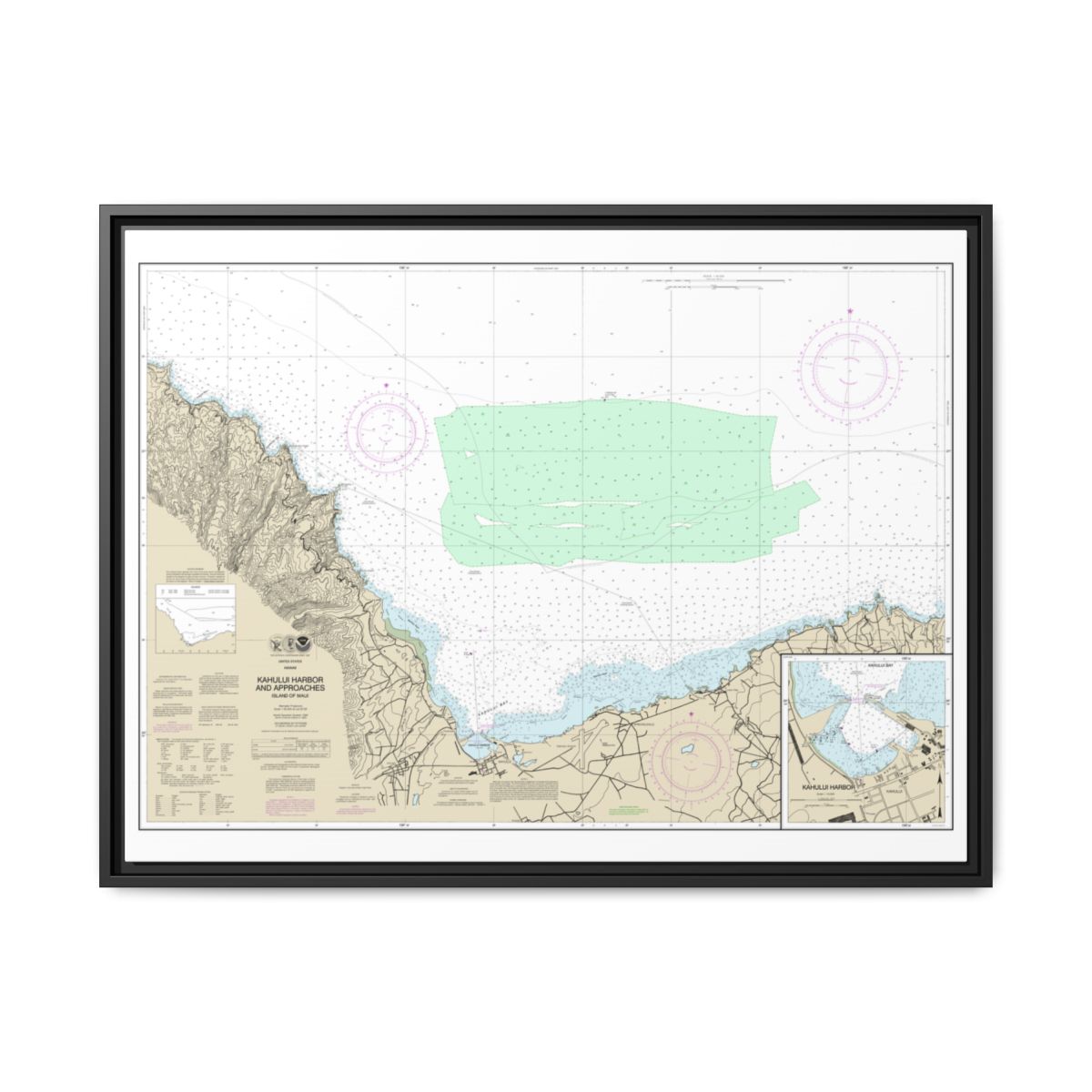 Chart 19342 Kahului Harbor and approaches;Kahului Harbor - NOAA Nautical Chart Floating Frame Canvas | 32" x 24" | 40" x 30" - Black front