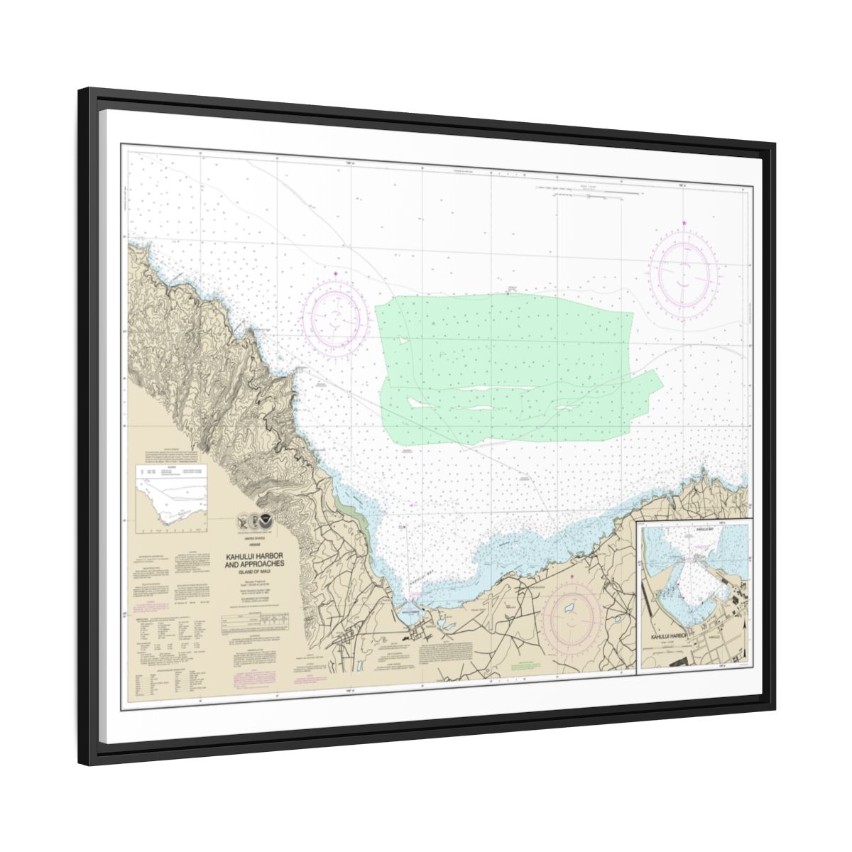 Chart 19342 Kahului Harbor and approaches;Kahului Harbor - NOAA Nautical Chart Floating Frame Canvas | 32" x 24" | 40" x 30" - Black side