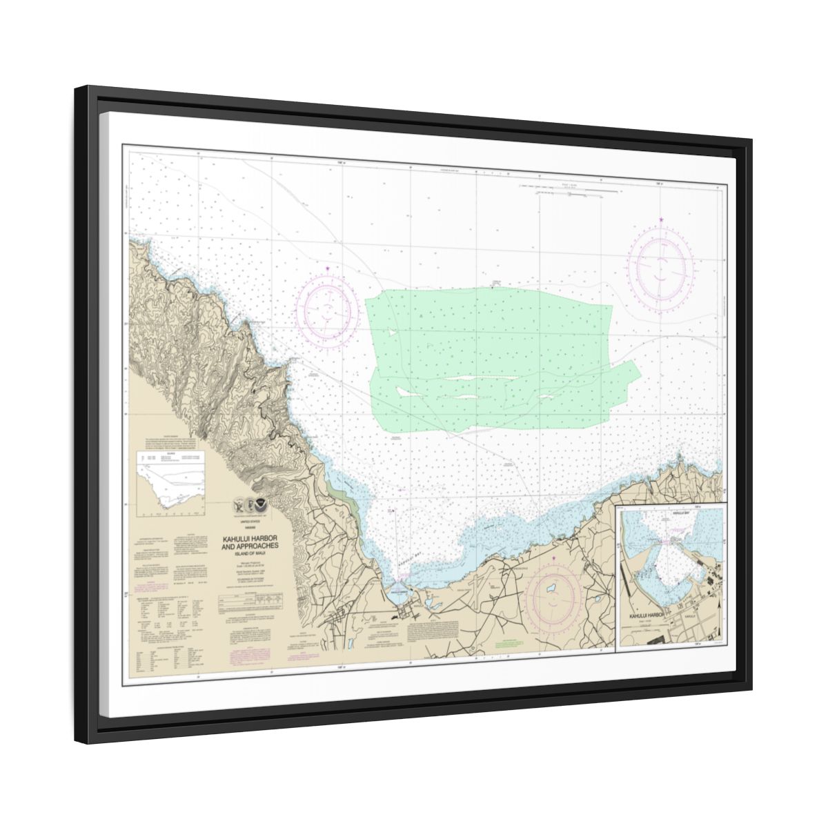Chart 19342 Kahului Harbor and approaches;Kahului Harbor - NOAA Nautical Chart Floating Frame Canvas | 32" x 24" | 40" x 30" - Black side