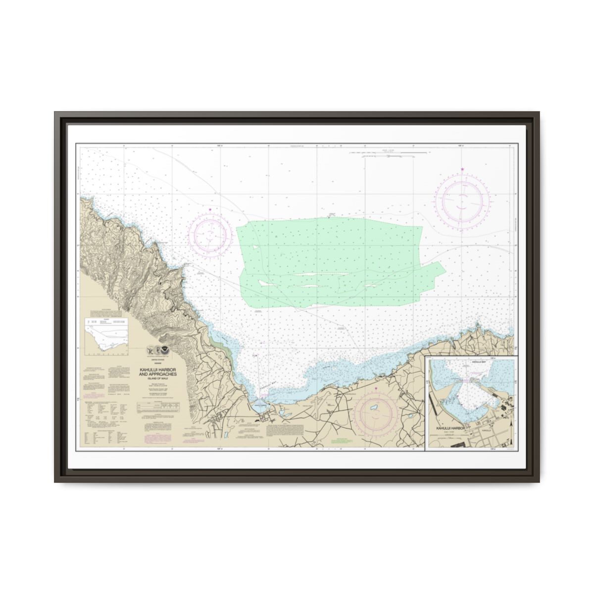 Chart 19342 Kahului Harbor and approaches;Kahului Harbor - NOAA Nautical Chart Floating Frame Canvas | 32" x 24" | 40" x 30" - Espresso front