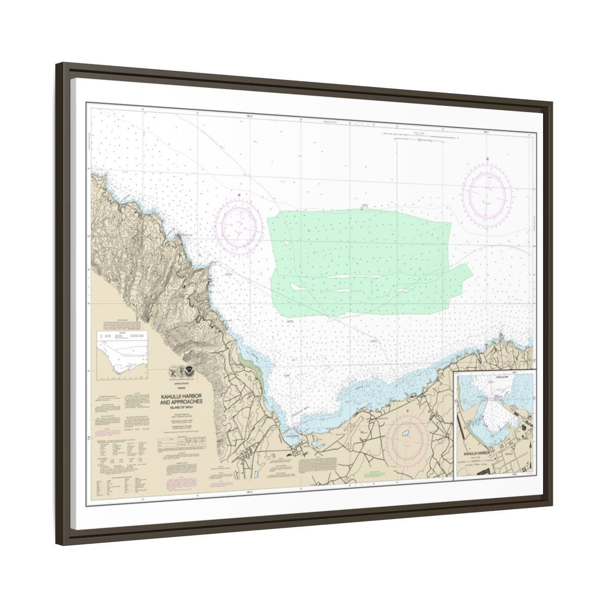 Chart 19342 Kahului Harbor and approaches;Kahului Harbor - NOAA Nautical Chart Floating Frame Canvas | 32" x 24" | 40" x 30" - Espresso side