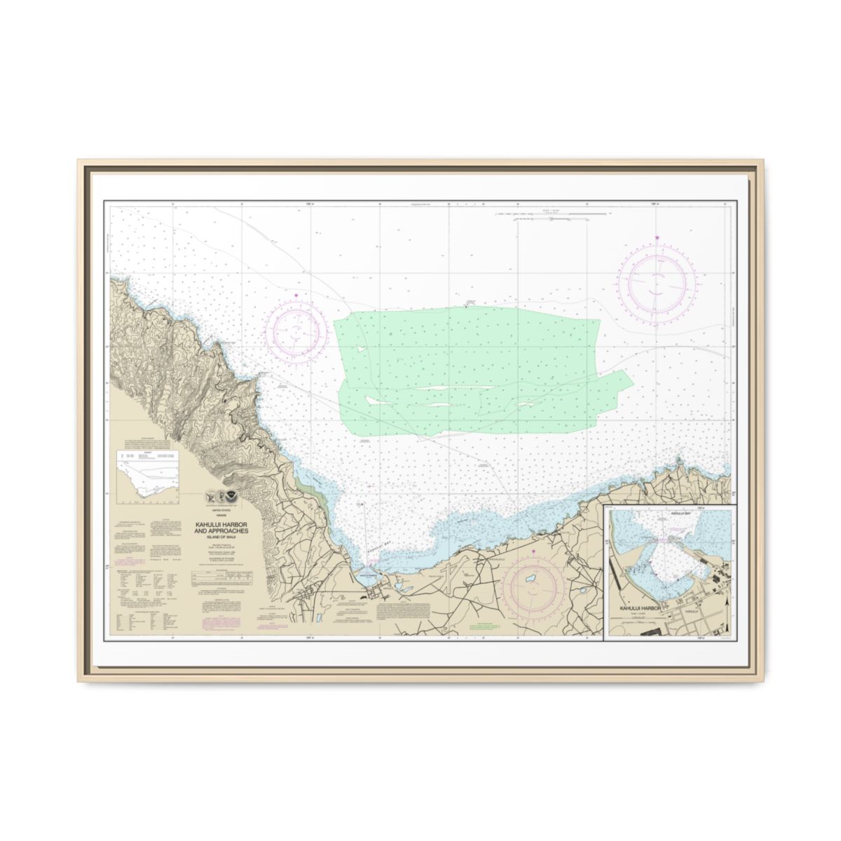 Chart 19342 Kahului Harbor and approaches;Kahului Harbor - NOAA Nautical Chart Floating Frame Canvas | 32" x 24" | 40" x 30" - Natural front