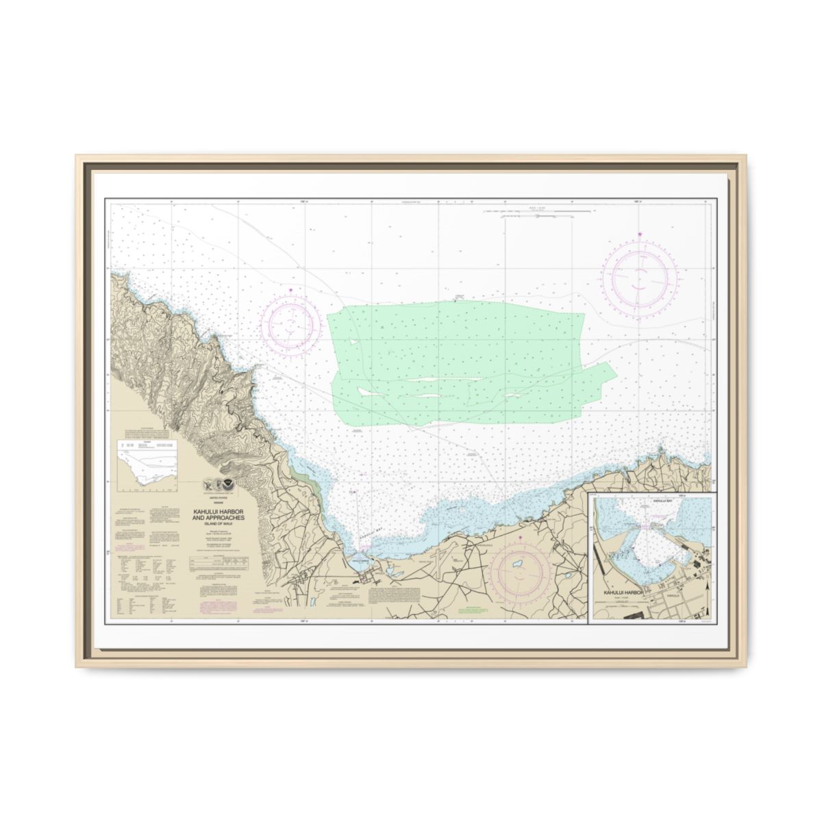 Chart 19342 Kahului Harbor and approaches;Kahului Harbor - NOAA Nautical Chart Floating Frame Canvas | 32" x 24" | 40" x 30" - Natural front