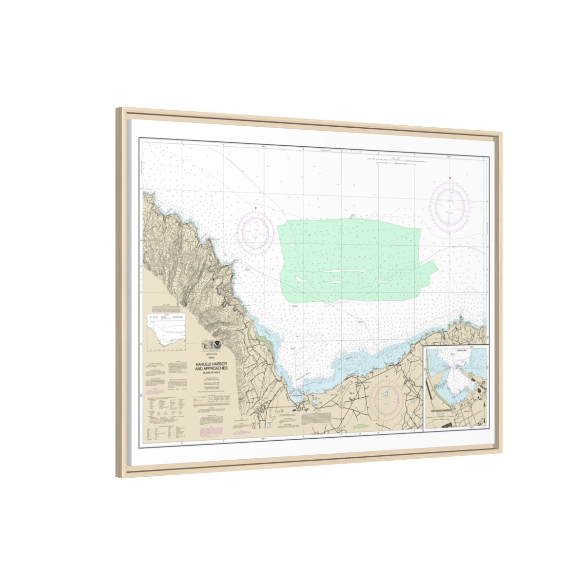 Chart 19342 Kahului Harbor and approaches;Kahului Harbor - NOAA Nautical Chart Floating Frame Canvas | 32" x 24" | 40" x 30" - Natural side