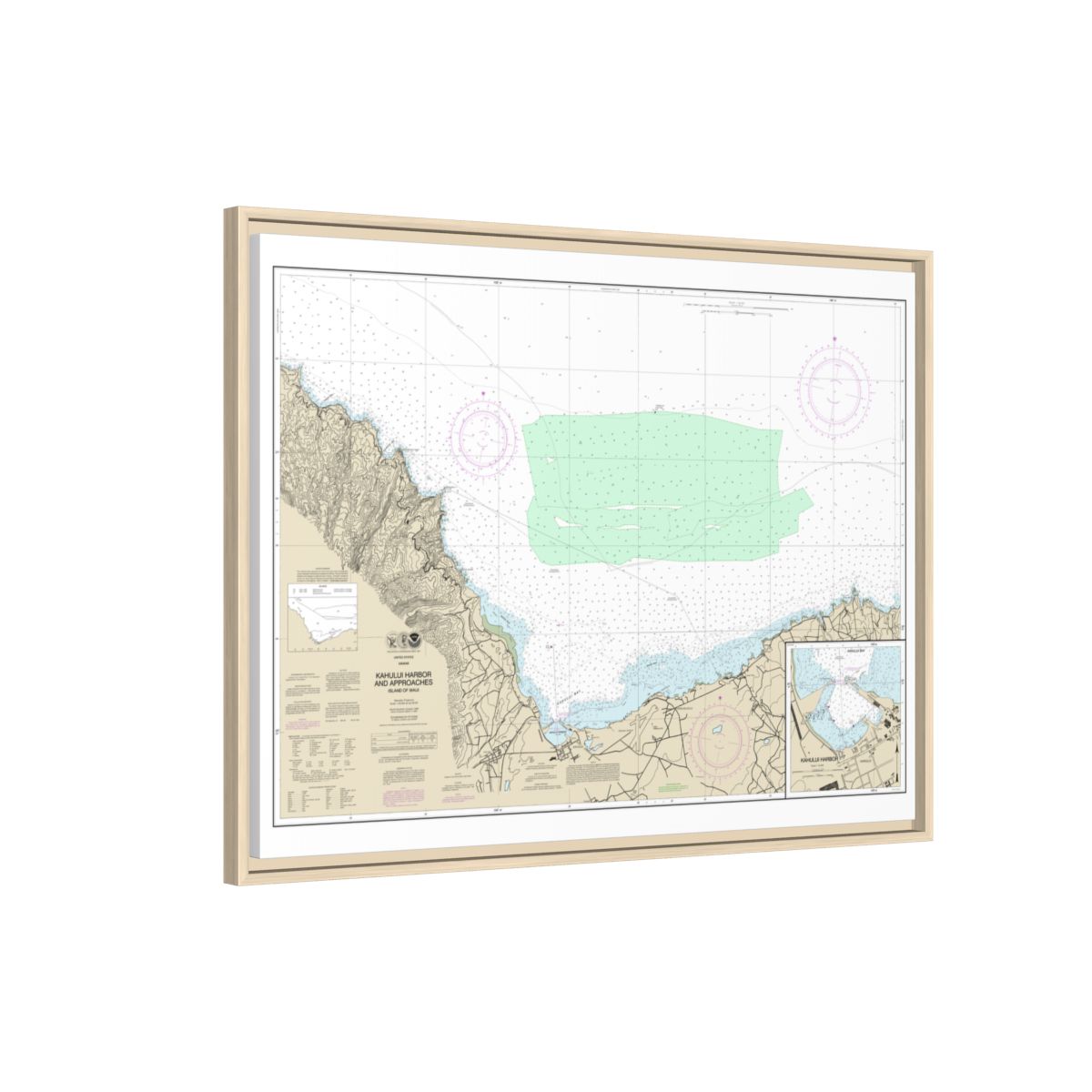 Chart 19342 Kahului Harbor and approaches;Kahului Harbor - NOAA Nautical Chart Floating Frame Canvas | 32" x 24" | 40" x 30" - Natural side