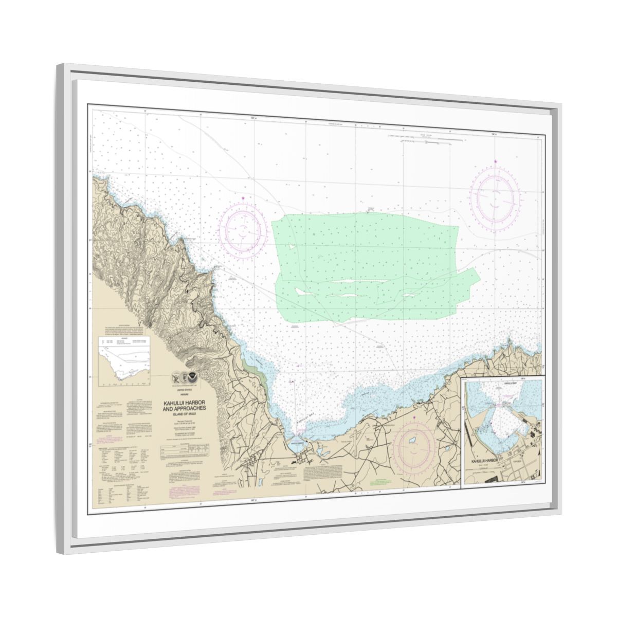 Chart 19342 Kahului Harbor and approaches;Kahului Harbor - NOAA Nautical Chart Floating Frame Canvas | 32" x 24" | 40" x 30" - White side