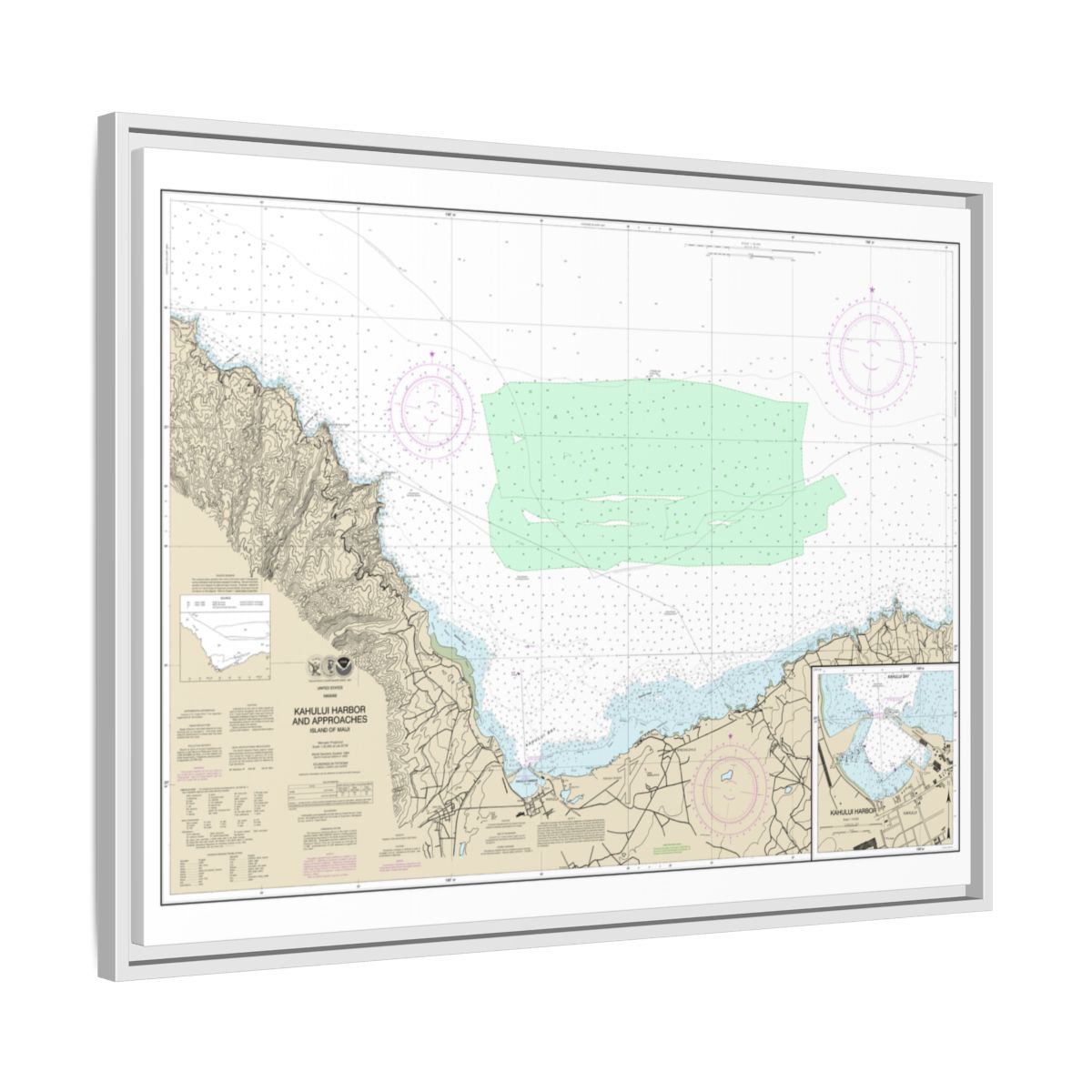Chart 19342 Kahului Harbor and approaches;Kahului Harbor - NOAA Nautical Chart Floating Frame Canvas | 32" x 24" | 40" x 30" - White side