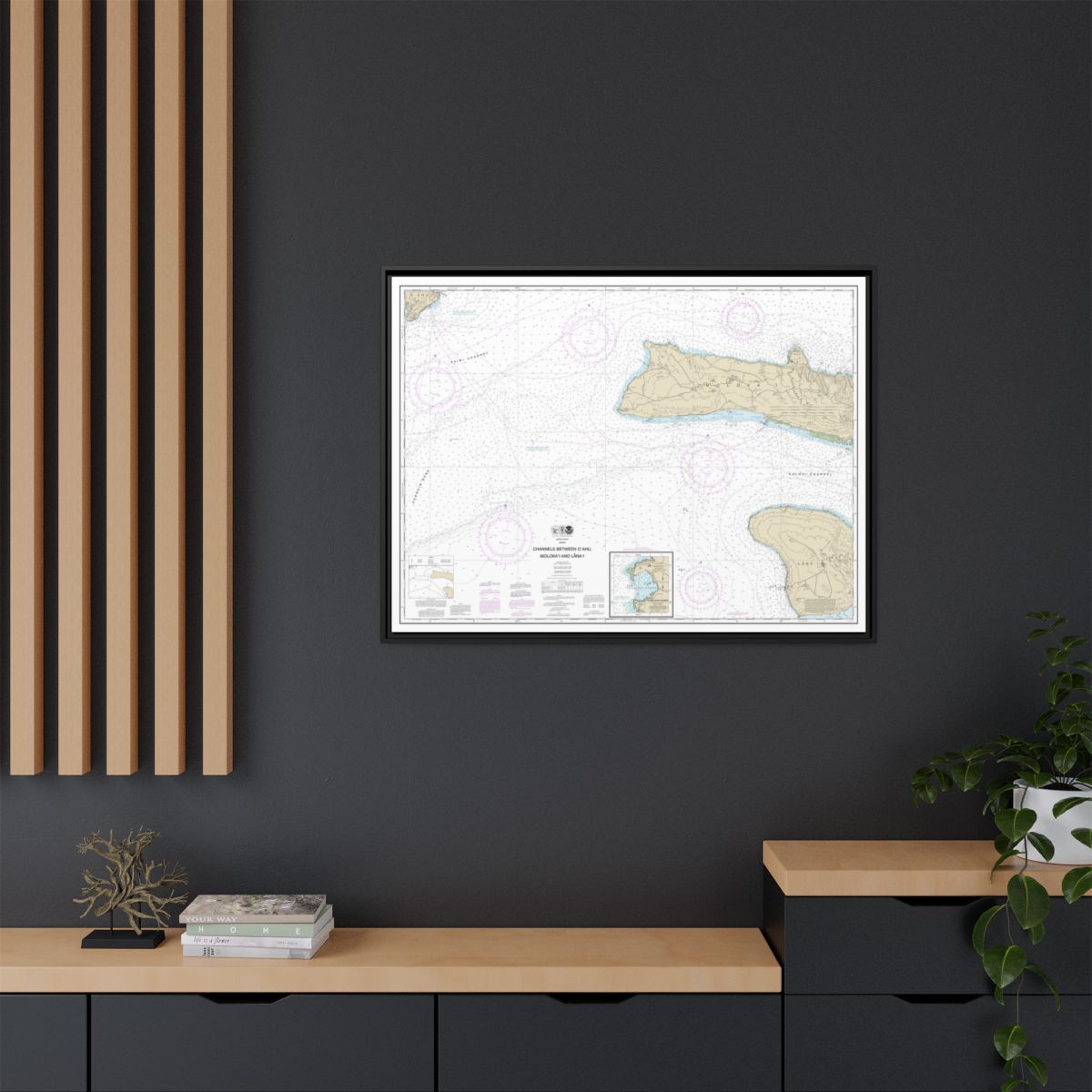 Chart 19351 Channels between Oahu, Molokai and Lanai;Kaumalapau Harbor - NOAA Nautical Chart Floating Frame Canvas | 32" x 24" | 40" x 30" - Black context-2