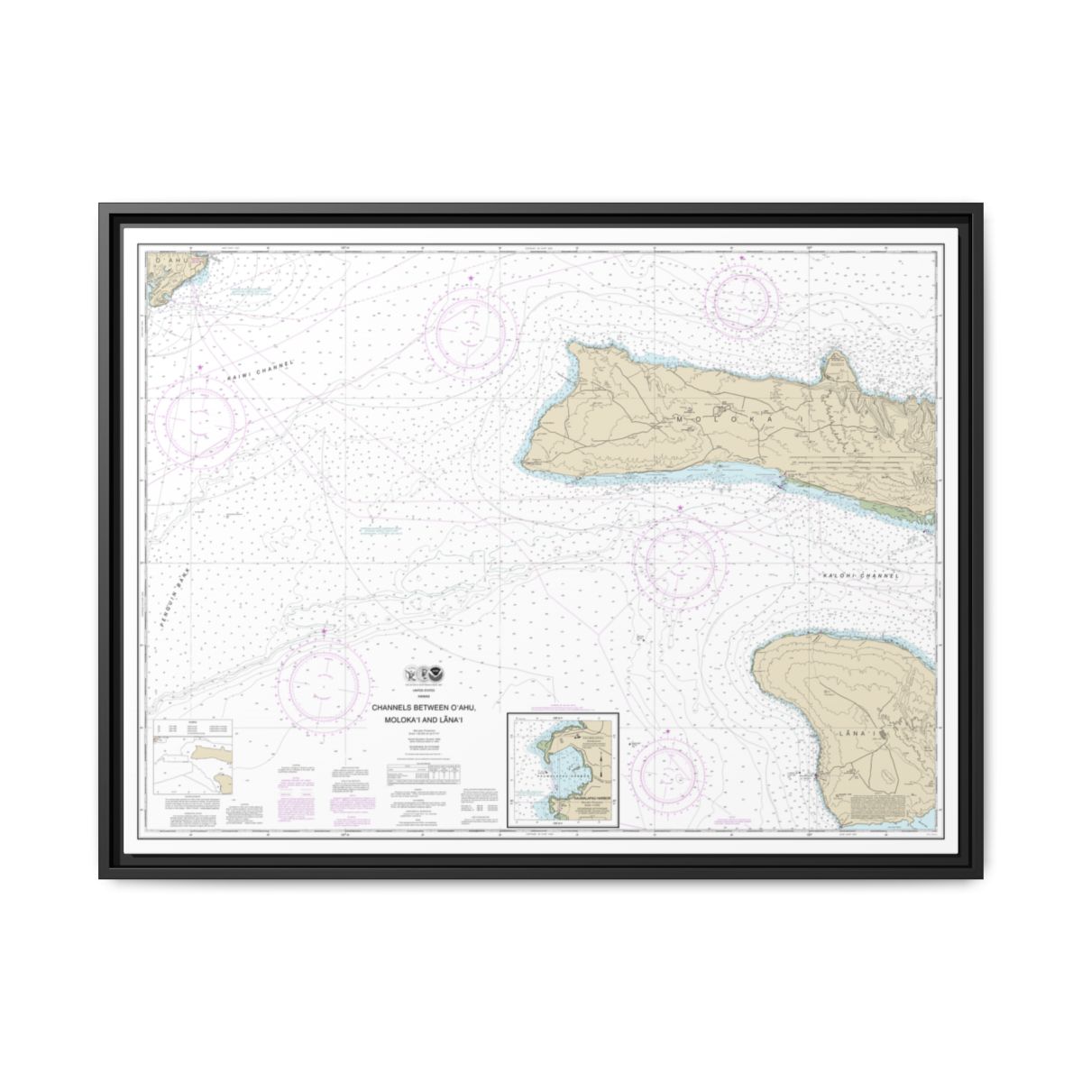 Chart 19351 Channels between Oahu, Molokai and Lanai;Kaumalapau Harbor - NOAA Nautical Chart Floating Frame Canvas | 32" x 24" | 40" x 30" - Black front