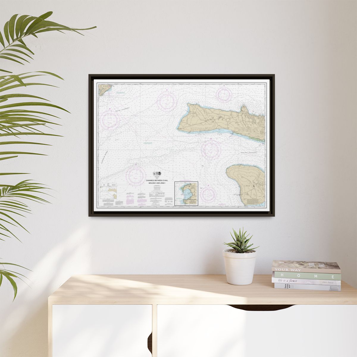Chart 19351 Channels between Oahu, Molokai and Lanai;Kaumalapau Harbor - NOAA Nautical Chart Floating Frame Canvas | 32" x 24" | 40" x 30" - Espresso context-1