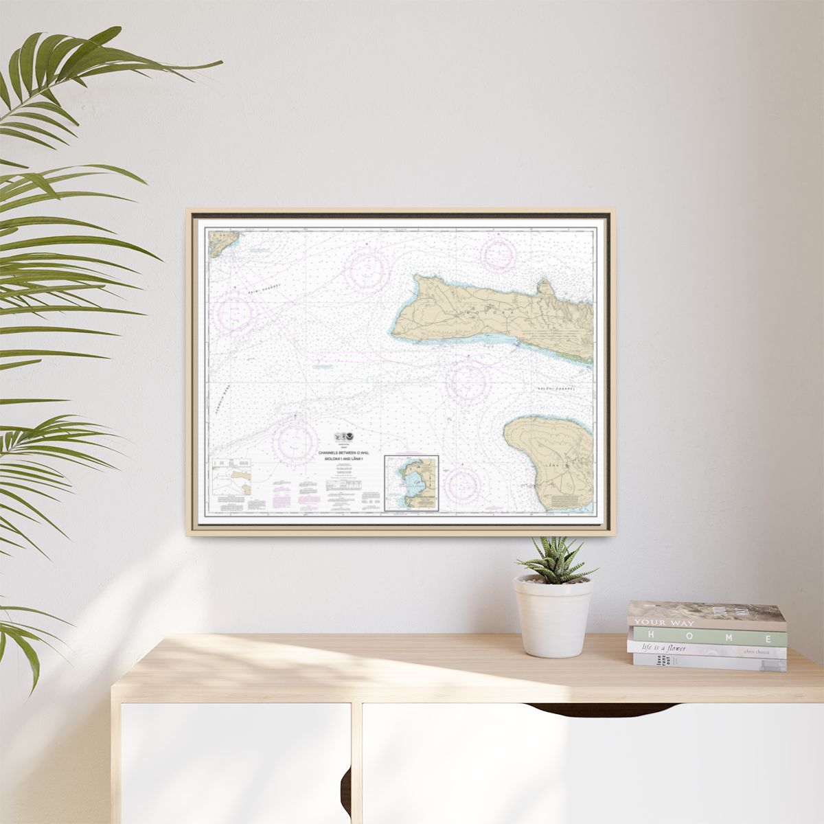 Chart 19351 Channels between Oahu, Molokai and Lanai;Kaumalapau Harbor - NOAA Nautical Chart Floating Frame Canvas | 32" x 24" | 40" x 30" - Natural context-1