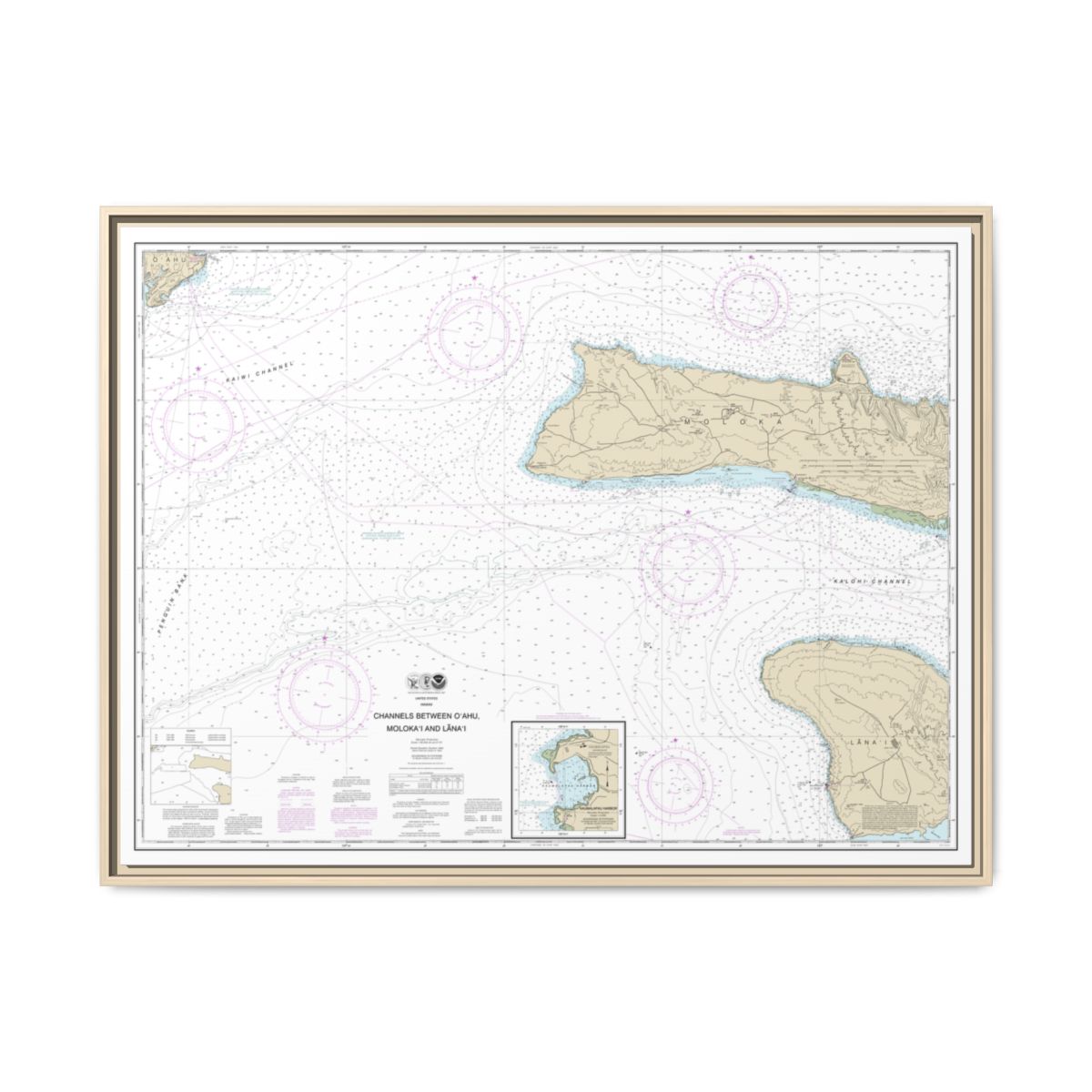 Chart 19351 Channels between Oahu, Molokai and Lanai;Kaumalapau Harbor - NOAA Nautical Chart Floating Frame Canvas | 32" x 24" | 40" x 30" - Natural front