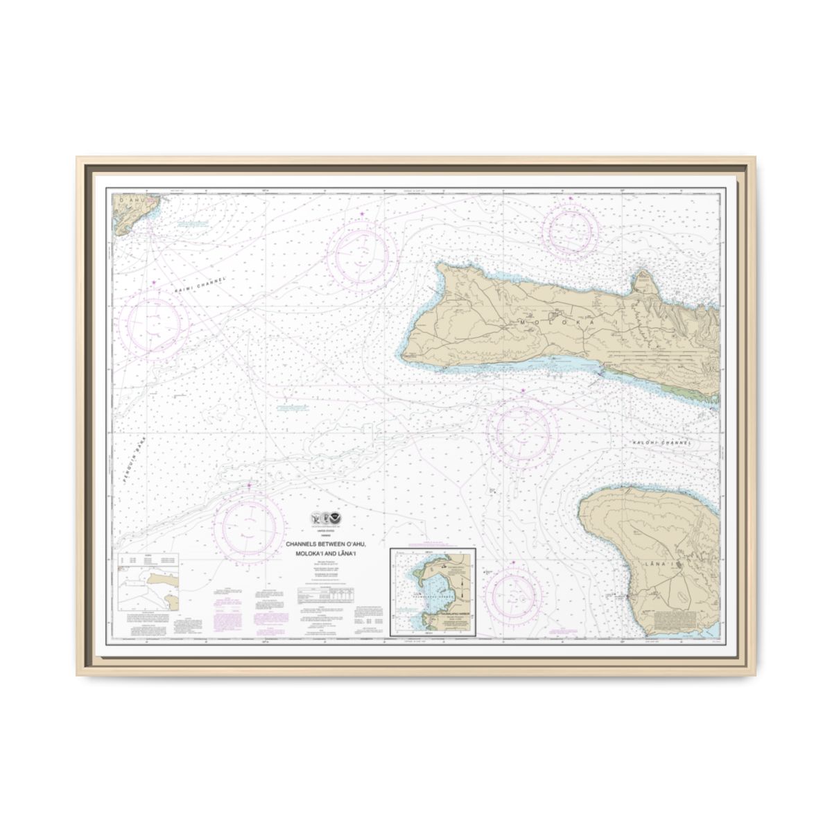 Chart 19351 Channels between Oahu, Molokai and Lanai;Kaumalapau Harbor - NOAA Nautical Chart Floating Frame Canvas | 32" x 24" | 40" x 30" - Natural front