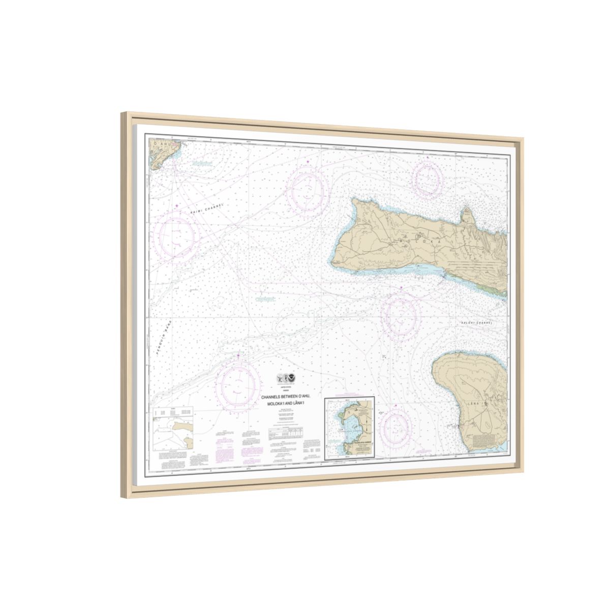 Chart 19351 Channels between Oahu, Molokai and Lanai;Kaumalapau Harbor - NOAA Nautical Chart Floating Frame Canvas | 32" x 24" | 40" x 30" - Natural side