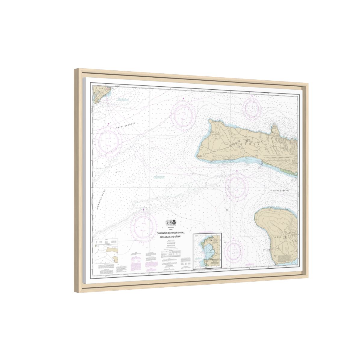 Chart 19351 Channels between Oahu, Molokai and Lanai;Kaumalapau Harbor - NOAA Nautical Chart Floating Frame Canvas | 32" x 24" | 40" x 30" - Natural side