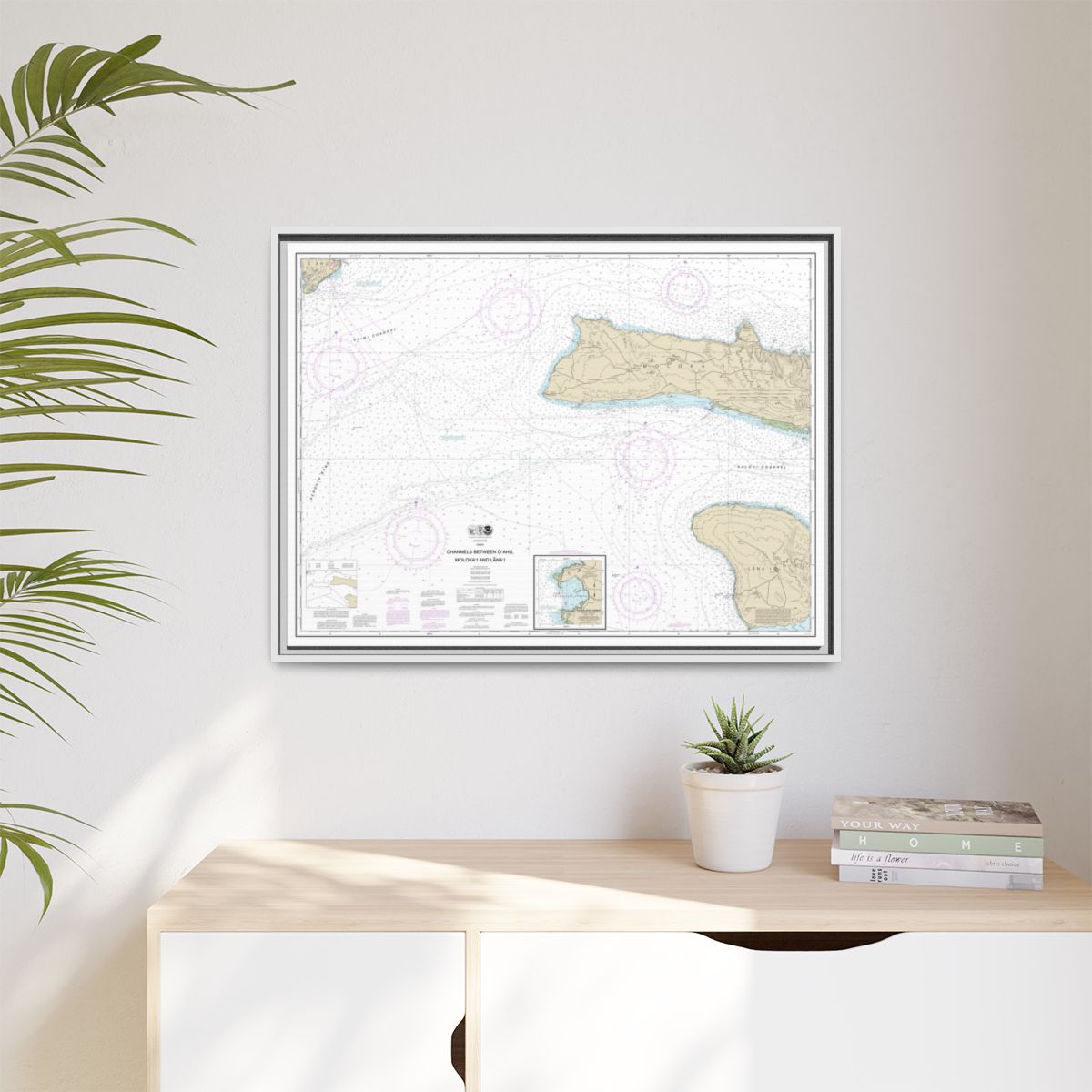 Chart 19351 Channels between Oahu, Molokai and Lanai;Kaumalapau Harbor - NOAA Nautical Chart Floating Frame Canvas | 32" x 24" | 40" x 30" - White context-1