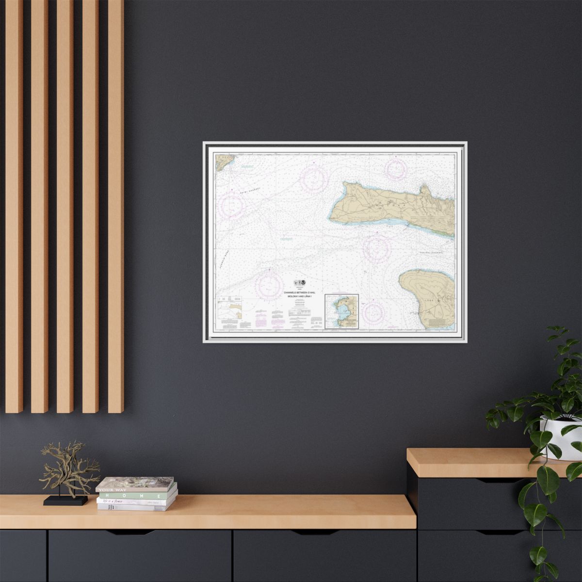 Chart 19351 Channels between Oahu, Molokai and Lanai;Kaumalapau Harbor - NOAA Nautical Chart Floating Frame Canvas | 32" x 24" | 40" x 30" - White context-2