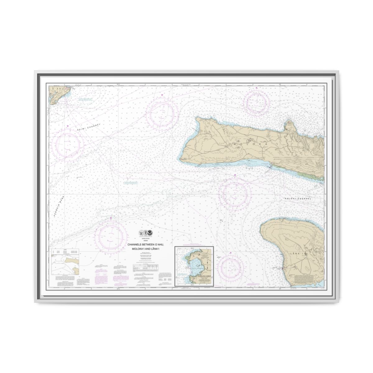 Chart 19351 Channels between Oahu, Molokai and Lanai;Kaumalapau Harbor - NOAA Nautical Chart Floating Frame Canvas | 32" x 24" | 40" x 30" - White front