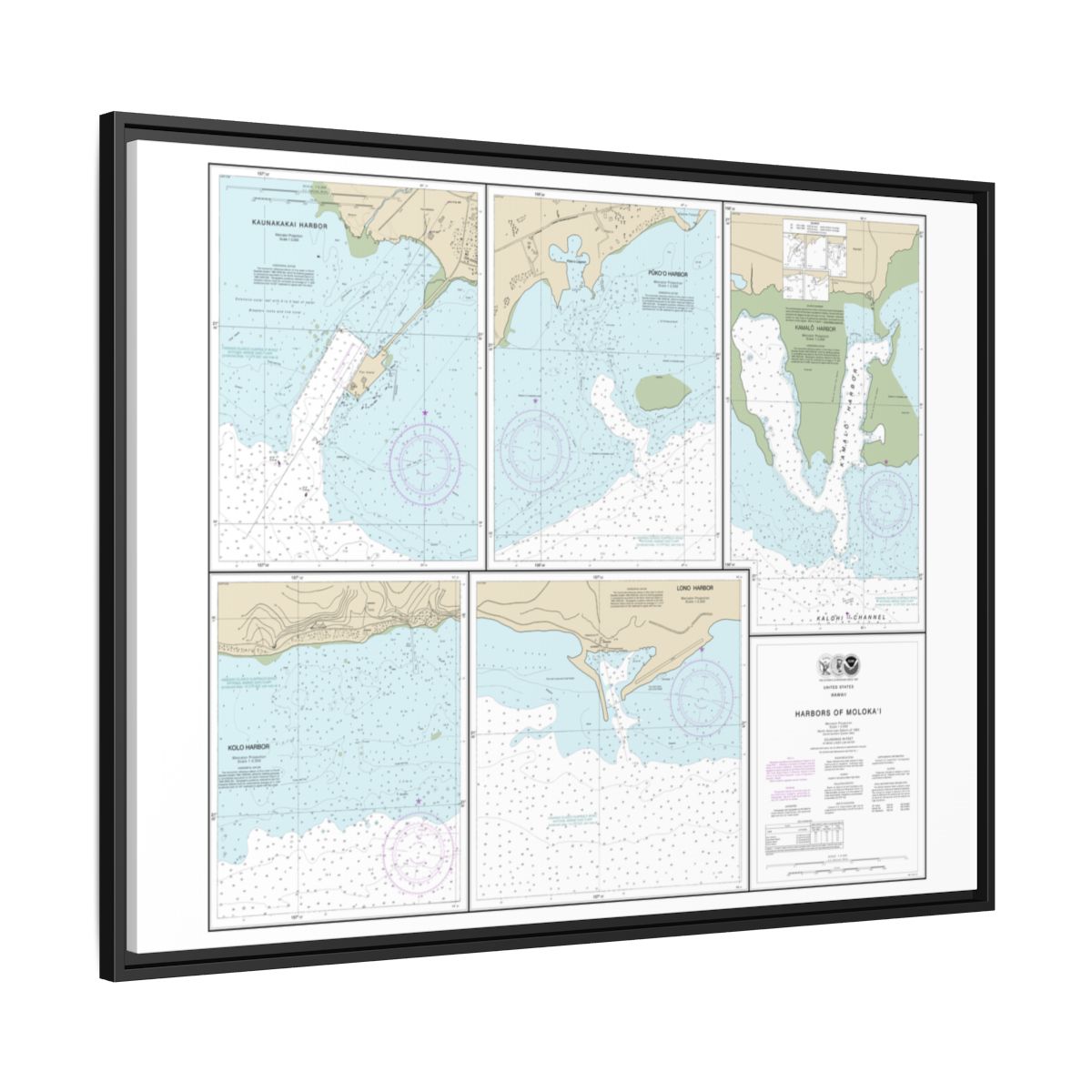 Chart 19353 Harbors of Molokai Kaunakakai Harbor;Pukoo Harbor;Kamalo Harbor;Kolo Harbor;Lono Harbor - NOAA Nautical Chart Floating Frame Canvas | 32" x 24" | 40" x 30" - Black side