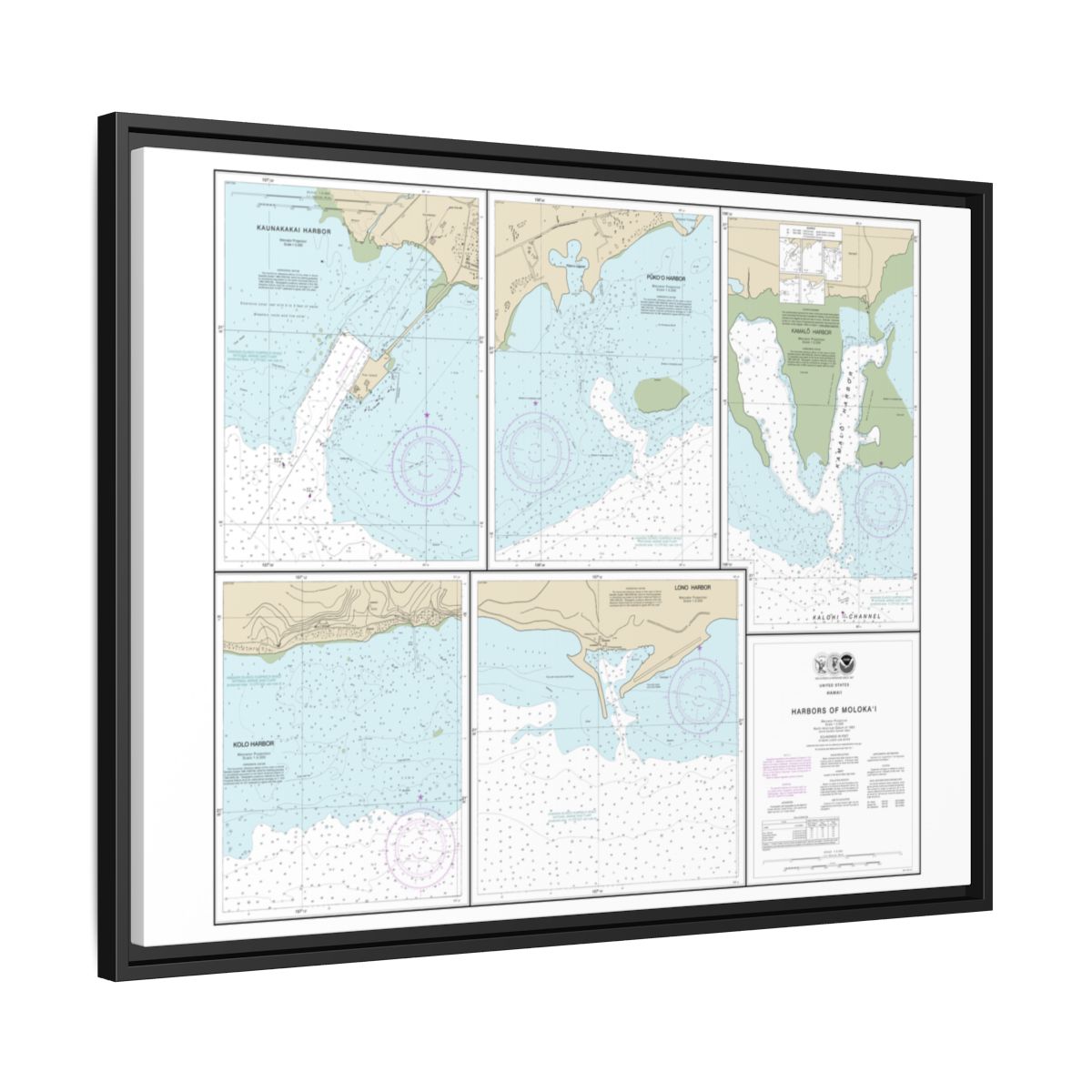 Chart 19353 Harbors of Molokai Kaunakakai Harbor;Pukoo Harbor;Kamalo Harbor;Kolo Harbor;Lono Harbor - NOAA Nautical Chart Floating Frame Canvas | 32" x 24" | 40" x 30" - Black side