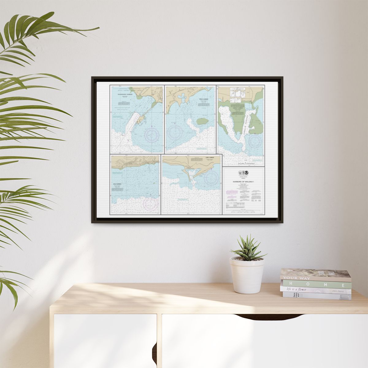 Chart 19353 Harbors of Molokai Kaunakakai Harbor;Pukoo Harbor;Kamalo Harbor;Kolo Harbor;Lono Harbor - NOAA Nautical Chart Floating Frame Canvas | 32" x 24" | 40" x 30" - Espresso context-1