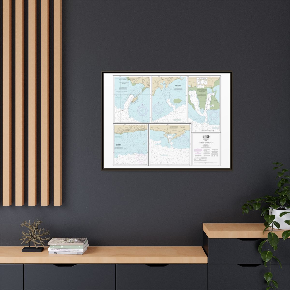 Chart 19353 Harbors of Molokai Kaunakakai Harbor;Pukoo Harbor;Kamalo Harbor;Kolo Harbor;Lono Harbor - NOAA Nautical Chart Floating Frame Canvas | 32" x 24" | 40" x 30" - Espresso context-2