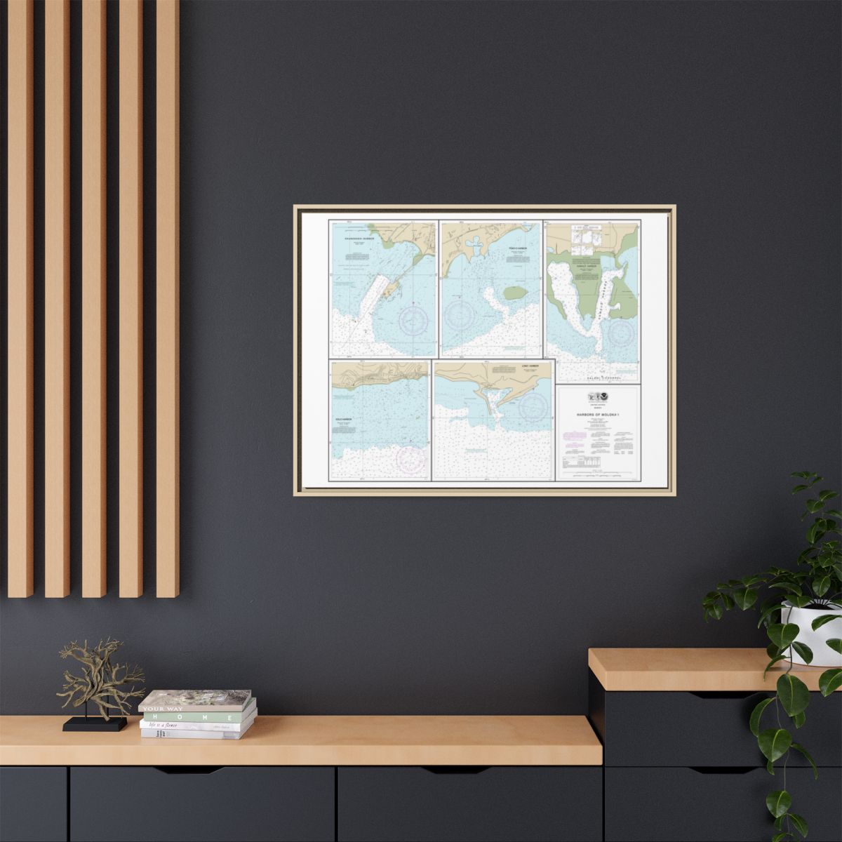 Chart 19353 Harbors of Molokai Kaunakakai Harbor;Pukoo Harbor;Kamalo Harbor;Kolo Harbor;Lono Harbor - NOAA Nautical Chart Floating Frame Canvas | 32" x 24" | 40" x 30" - Natural context-2