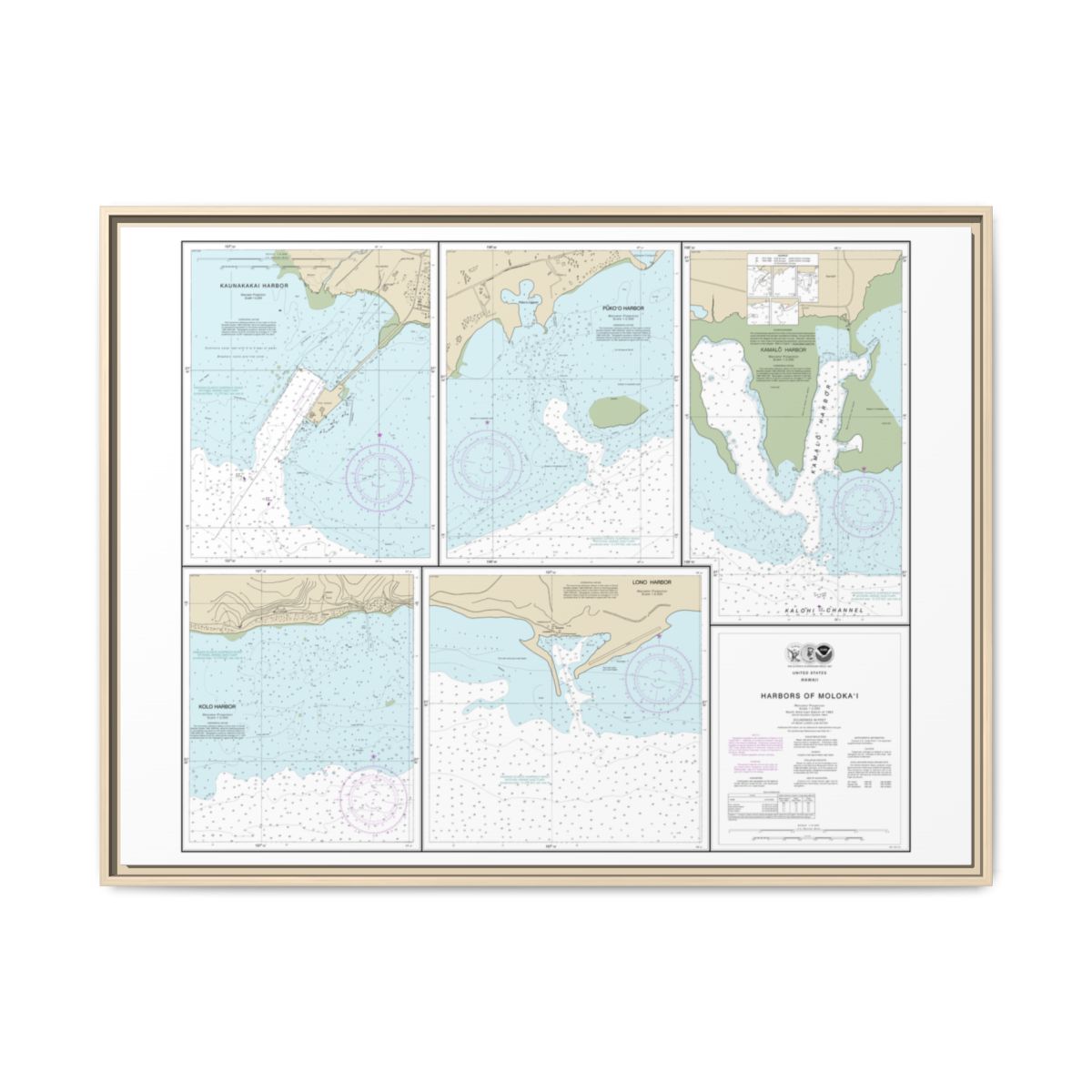Chart 19353 Harbors of Molokai Kaunakakai Harbor;Pukoo Harbor;Kamalo Harbor;Kolo Harbor;Lono Harbor - NOAA Nautical Chart Floating Frame Canvas | 32" x 24" | 40" x 30" - Natural front