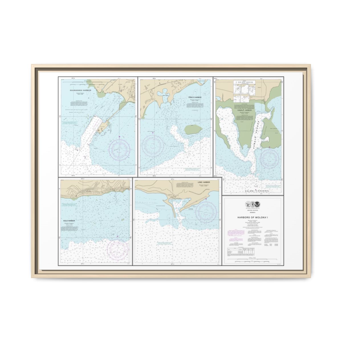 Chart 19353 Harbors of Molokai Kaunakakai Harbor;Pukoo Harbor;Kamalo Harbor;Kolo Harbor;Lono Harbor - NOAA Nautical Chart Floating Frame Canvas | 32" x 24" | 40" x 30" - Natural front