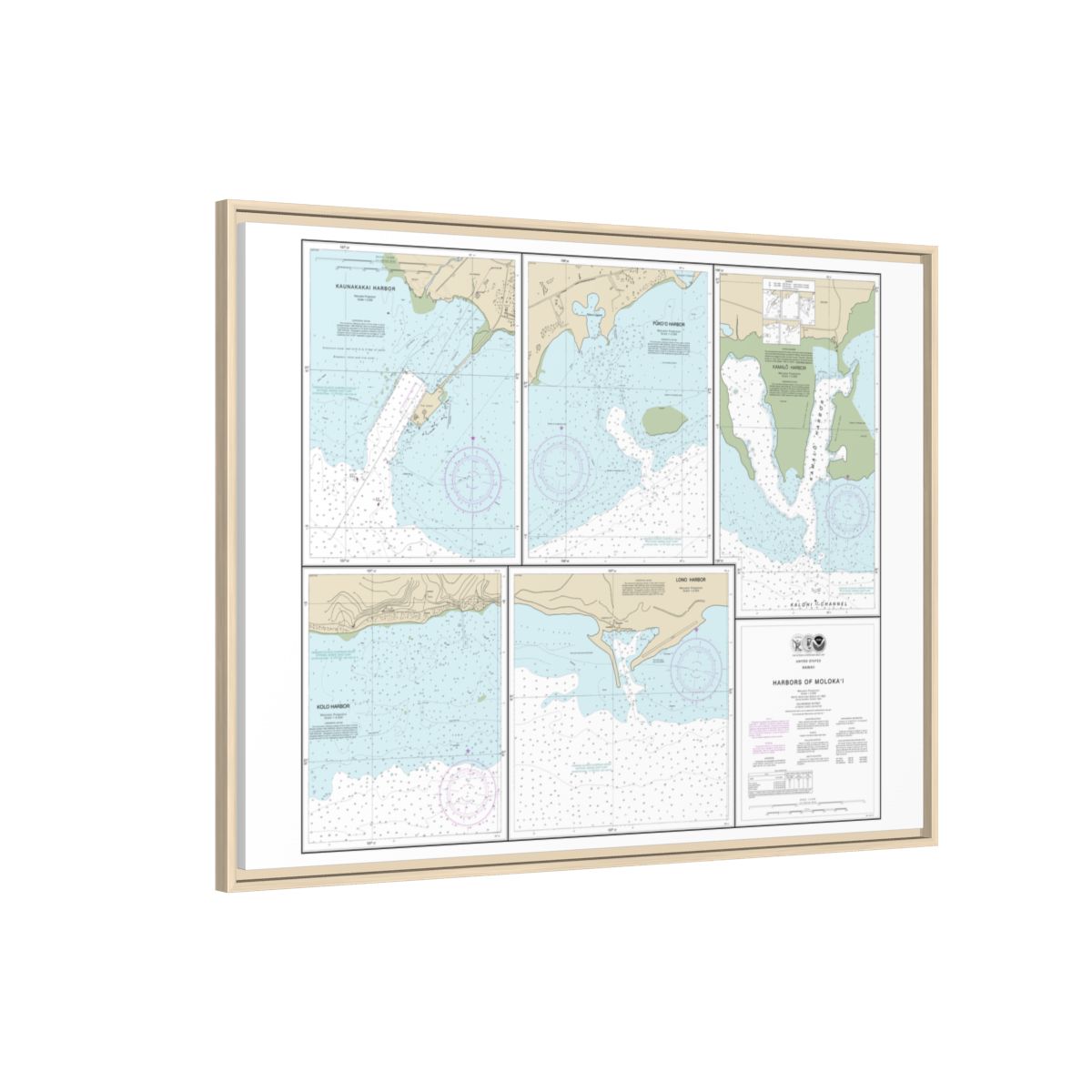 Chart 19353 Harbors of Molokai Kaunakakai Harbor;Pukoo Harbor;Kamalo Harbor;Kolo Harbor;Lono Harbor - NOAA Nautical Chart Floating Frame Canvas | 32" x 24" | 40" x 30" - Natural side