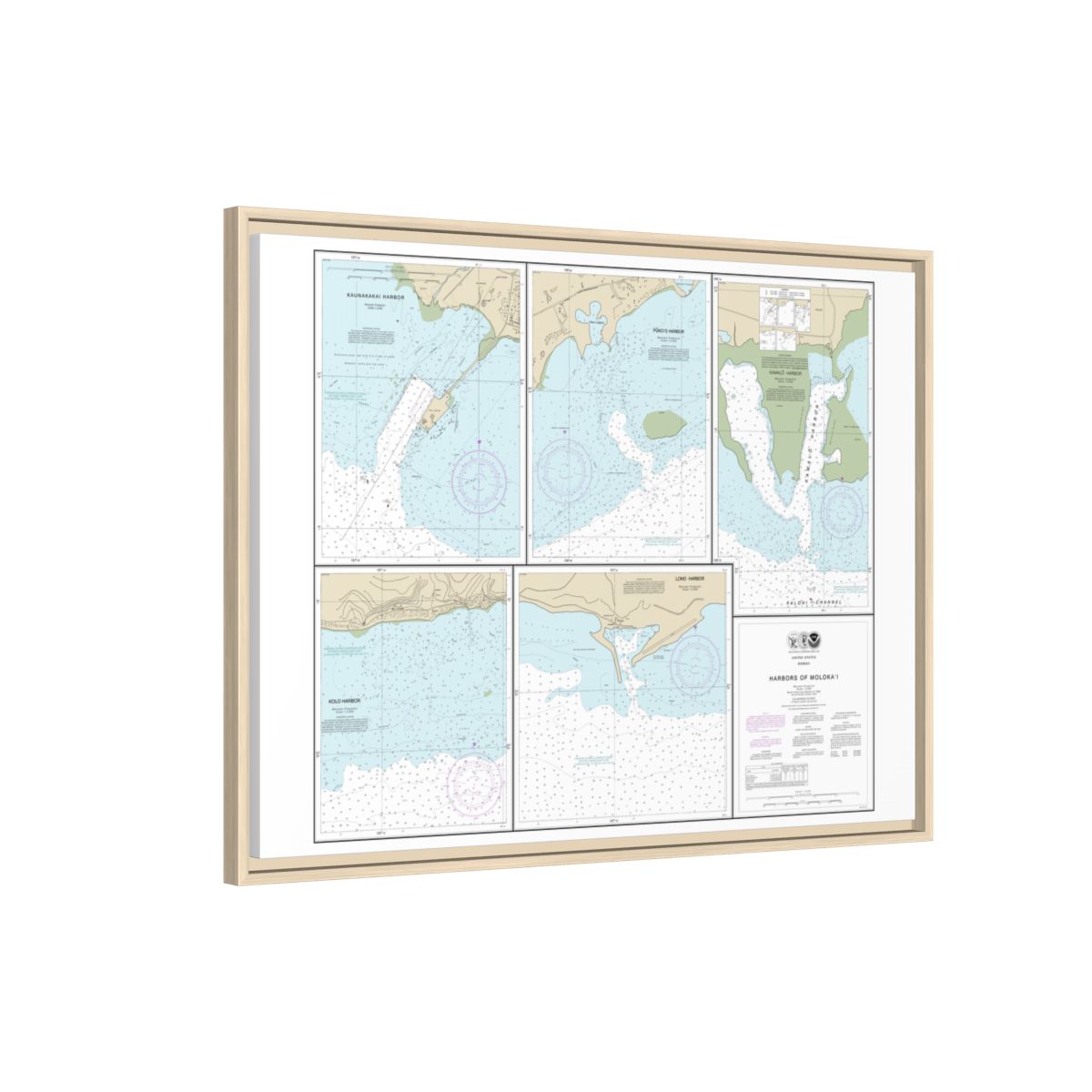 Chart 19353 Harbors of Molokai Kaunakakai Harbor;Pukoo Harbor;Kamalo Harbor;Kolo Harbor;Lono Harbor - NOAA Nautical Chart Floating Frame Canvas | 32" x 24" | 40" x 30" - Natural side