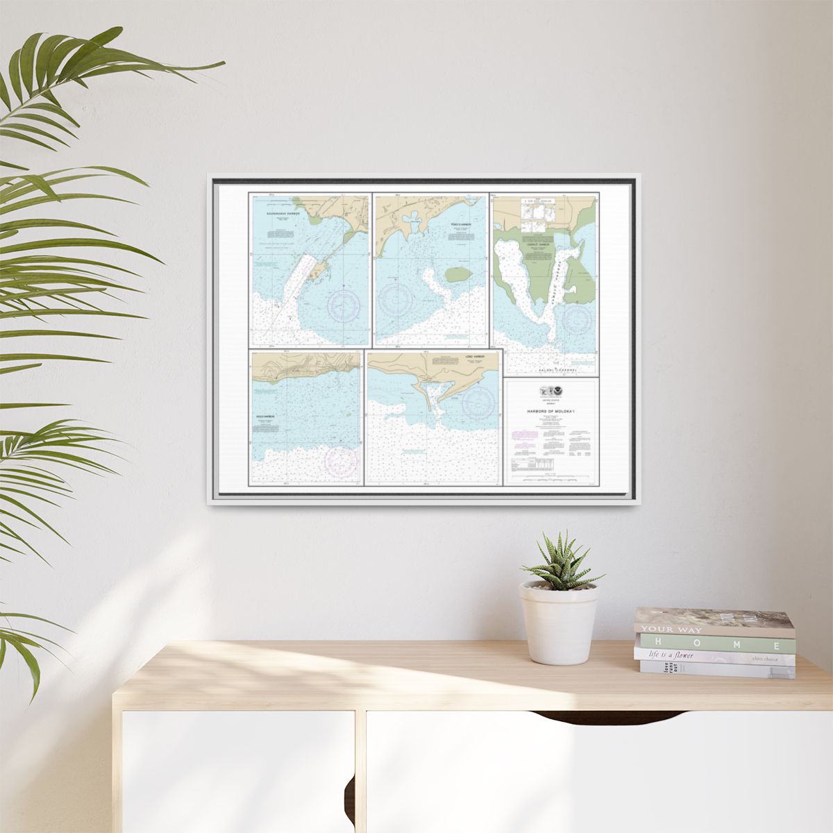 Chart 19353 Harbors of Molokai Kaunakakai Harbor;Pukoo Harbor;Kamalo Harbor;Kolo Harbor;Lono Harbor - NOAA Nautical Chart Floating Frame Canvas | 32" x 24" | 40" x 30" - White context-1
