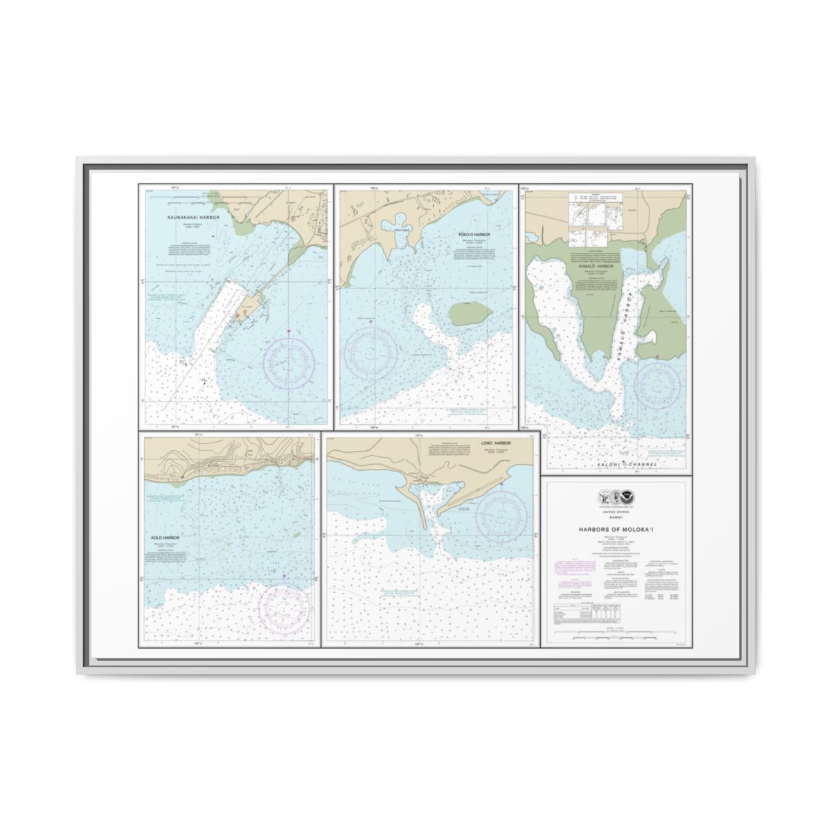 Chart 19353 Harbors of Molokai Kaunakakai Harbor;Pukoo Harbor;Kamalo Harbor;Kolo Harbor;Lono Harbor - NOAA Nautical Chart Floating Frame Canvas | 32" x 24" | 40" x 30" - White front