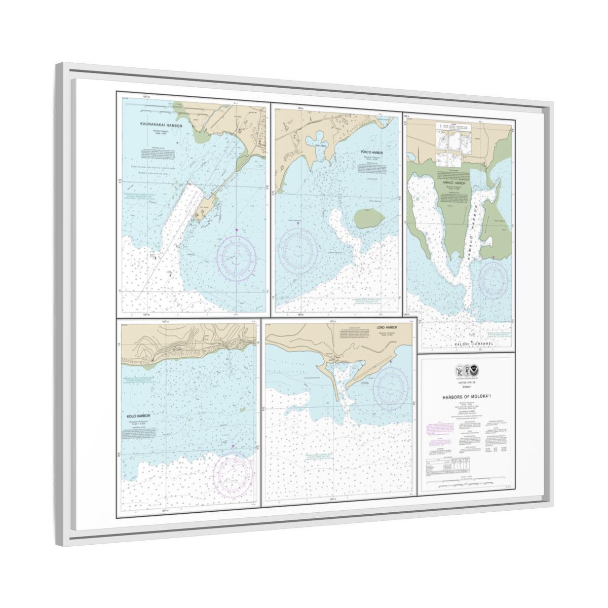 Chart 19353 Harbors of Molokai Kaunakakai Harbor;Pukoo Harbor;Kamalo Harbor;Kolo Harbor;Lono Harbor - NOAA Nautical Chart Floating Frame Canvas | 32" x 24" | 40" x 30" - White side