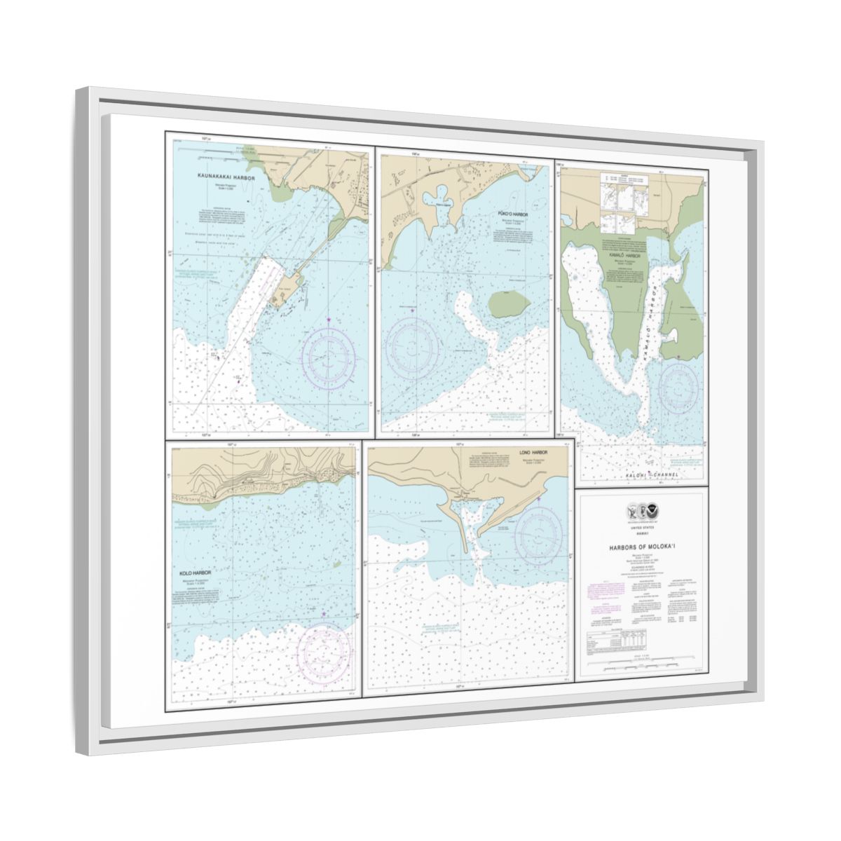 Chart 19353 Harbors of Molokai Kaunakakai Harbor;Pukoo Harbor;Kamalo Harbor;Kolo Harbor;Lono Harbor - NOAA Nautical Chart Floating Frame Canvas | 32" x 24" | 40" x 30" - White side