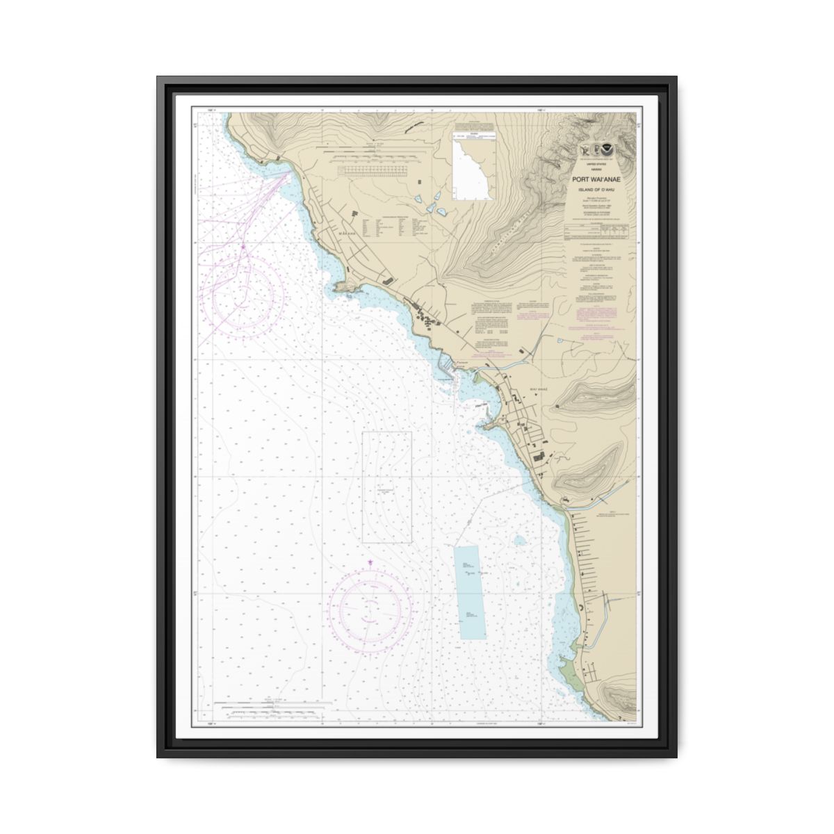 Chart 19361 Port Waianae Island of Oahu - NOAA Nautical Chart Floating Frame Canvas | 24" x 32" | 30" x 40" - Black front