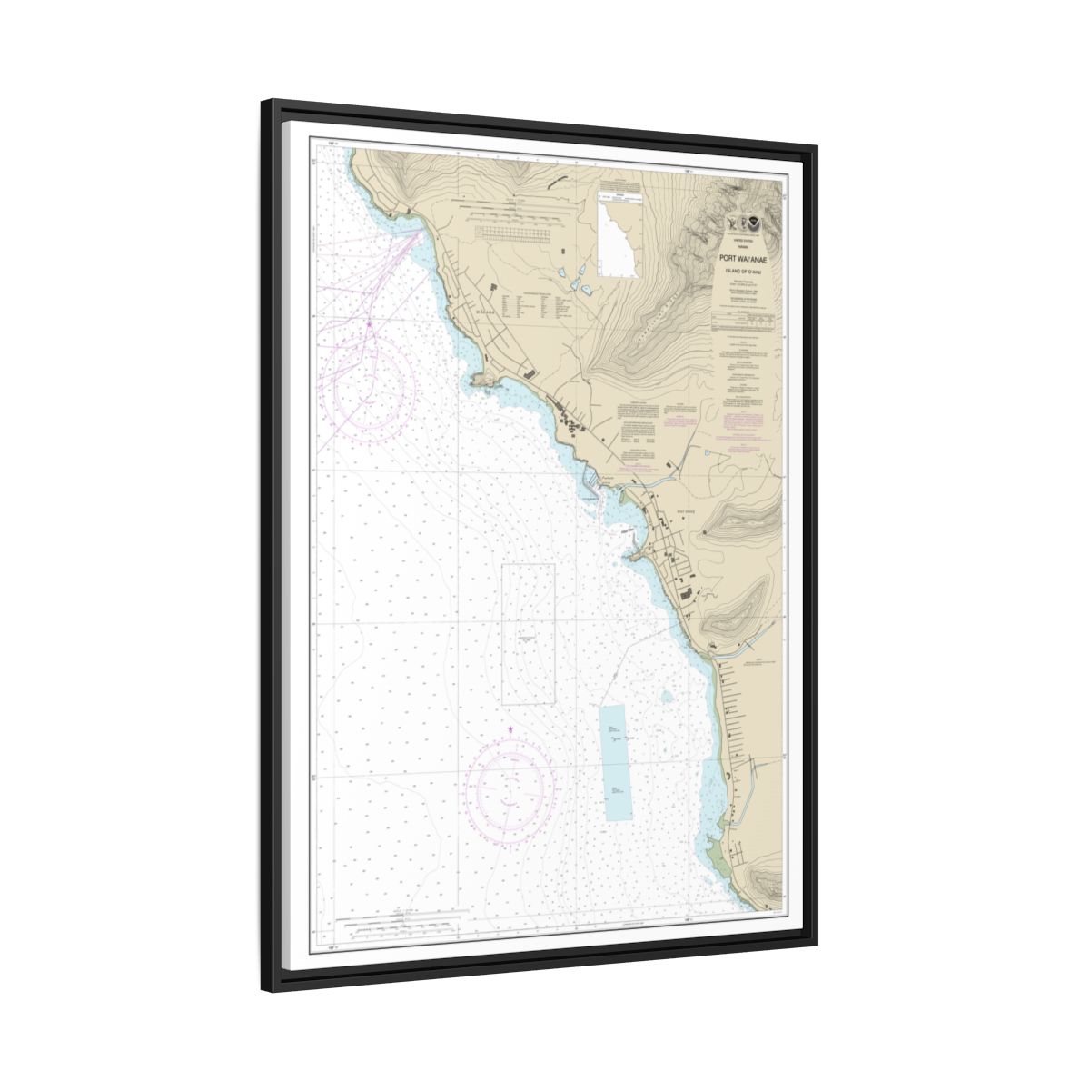 Chart 19361 Port Waianae Island of Oahu - NOAA Nautical Chart Floating Frame Canvas | 24" x 32" | 30" x 40" - Black side