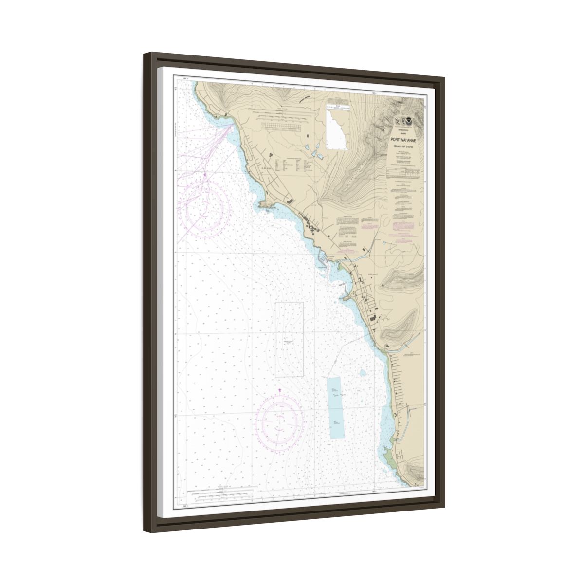 Chart 19361 Port Waianae Island of Oahu - NOAA Nautical Chart Floating Frame Canvas | 24" x 32" | 30" x 40" - Espresso side
