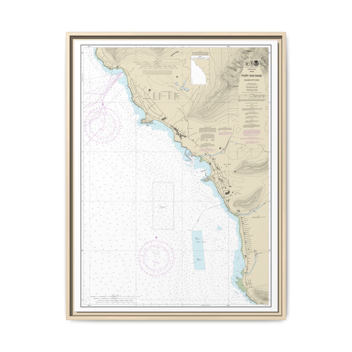 Chart 19361 Port Waianae Island of Oahu - NOAA Nautical Chart Floating Frame Canvas | 24" x 32" | 30" x 40" - Natural front