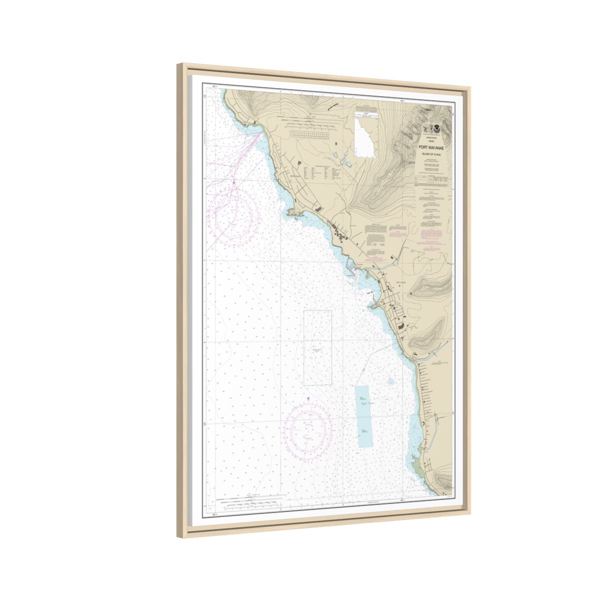 Chart 19361 Port Waianae Island of Oahu - NOAA Nautical Chart Floating Frame Canvas | 24" x 32" | 30" x 40" - Natural side