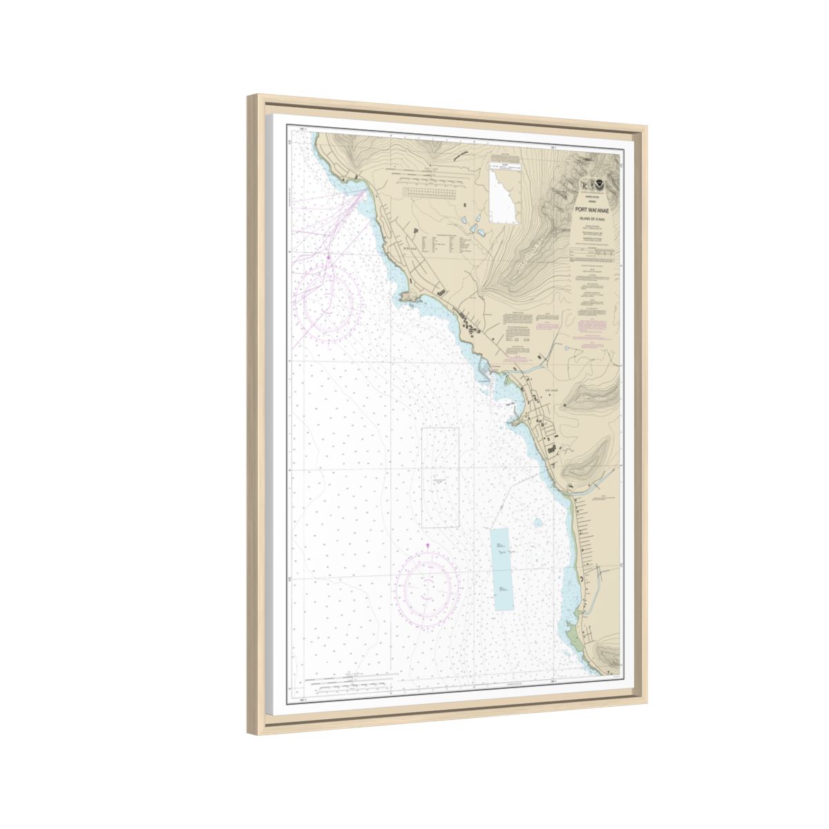 Chart 19361 Port Waianae Island of Oahu - NOAA Nautical Chart Floating Frame Canvas | 24" x 32" | 30" x 40" - Natural side