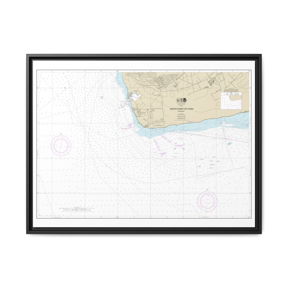 Chart 19362 South Coast of Oahu Kalaeloa - NOAA Nautical Chart Floating Frame Canvas | 32" x 24" | 40" x 30" - Black front