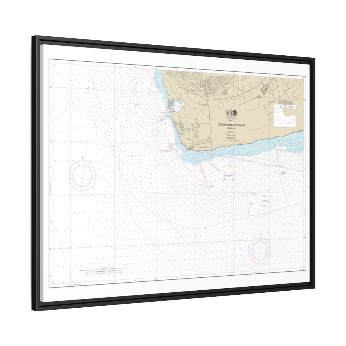 Chart 19362 South Coast of Oahu Kalaeloa - NOAA Nautical Chart Floating Frame Canvas | 32" x 24" | 40" x 30" - Black side